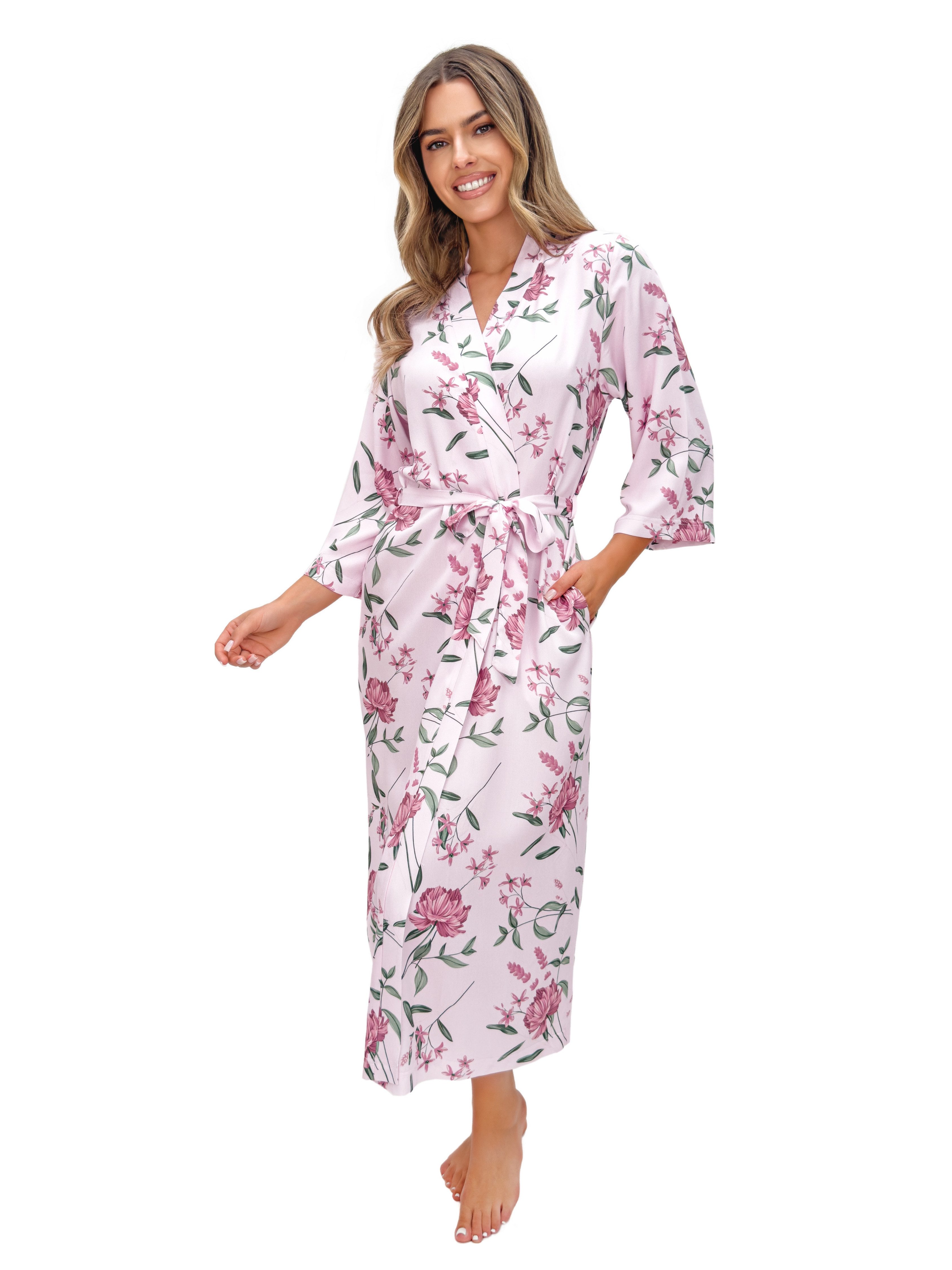 Donna Morgenmantel Damen Kimono lang mit Blumenprint, Viskose, Schalkragen, Bindegürtel, Eleganter Viskose-Morgenmantel mit Gürtel & Taschen, ca. 130 cm