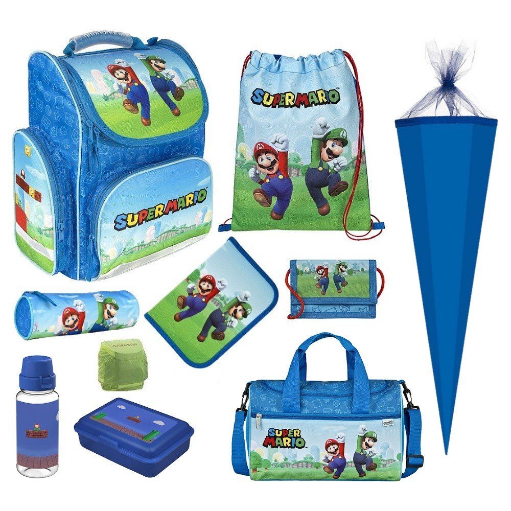 Familando Schulranzen Clou (Set, 10-tlg., inkl. Sporttasche und Nestler Schultüte / Zuckertüte), Nintendo SUPER MARIO und Luigi