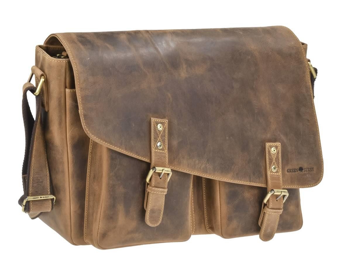 Greenburry Umhängetasche "Vintage" Leder Messenger Bag, used Look, Schultertasche 45x31cm, Notebookfach, antikbraun