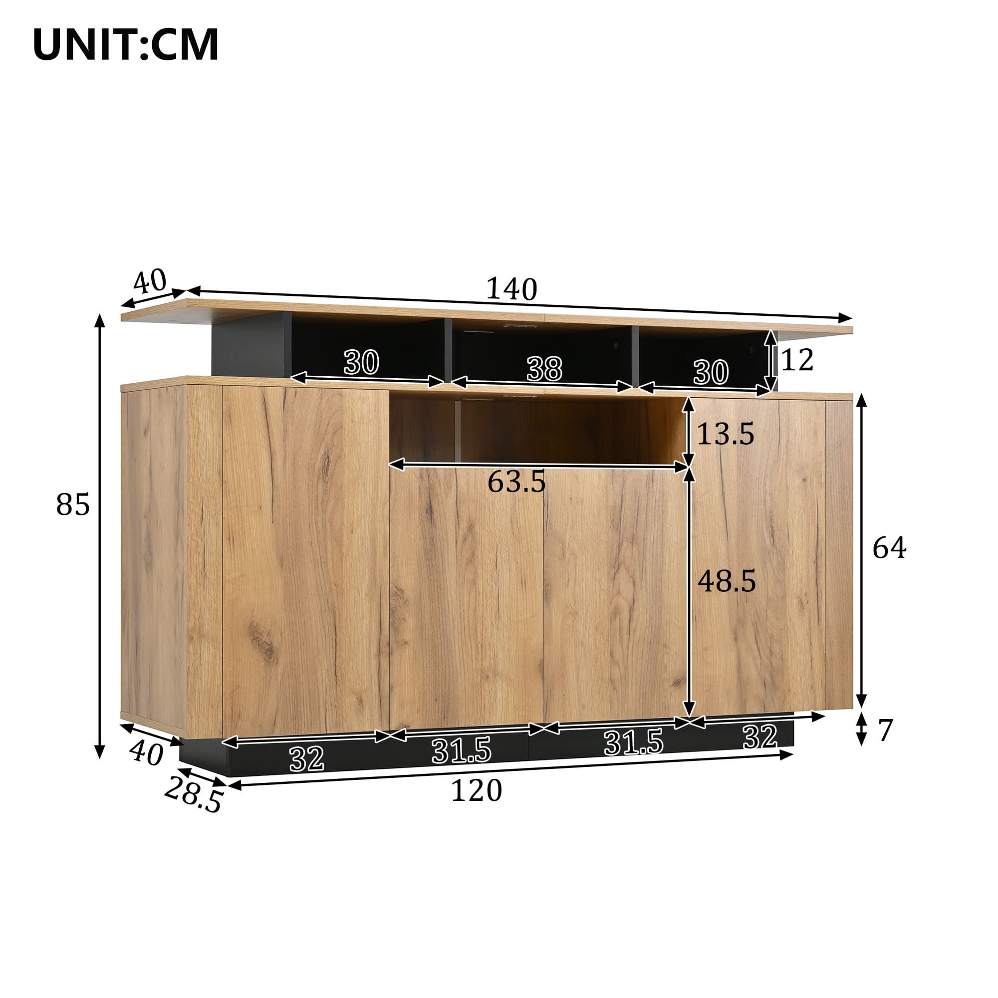 Ulife Anrichte Sideboard 120cm mit 4 Türen + 3 offenen Fächern (Naturholz)