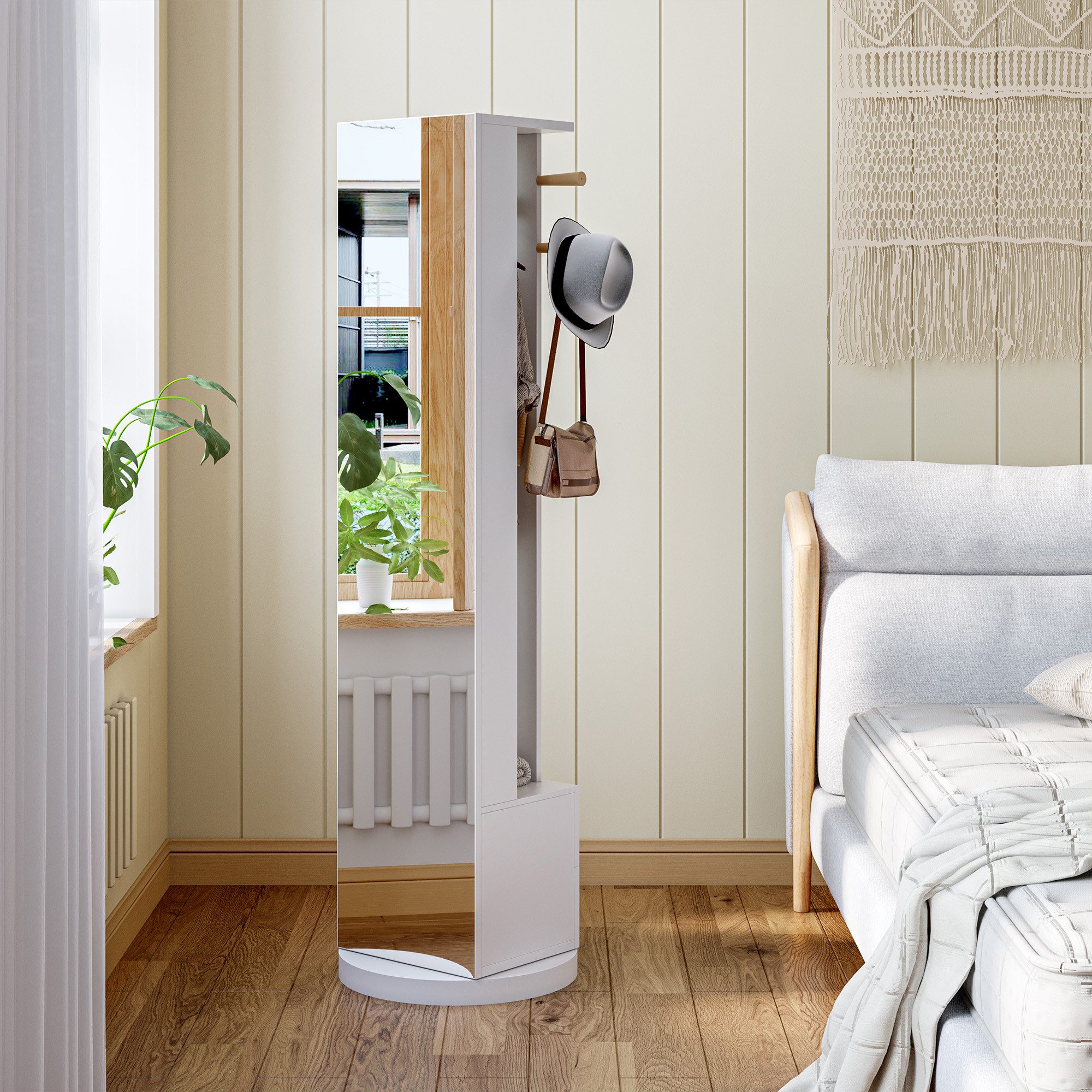 Furnishings Home Ganzkörperspiegel 360° drehbarer Ganzkörperspiegel mit Garderobe Hoch 160 cm (1-St., 2-in-1-Standspiegel aus Massivholz für Schlafzimmer und Wohnzimmer), Inklusive Haken, Kleiderstange und zwei Schubladen