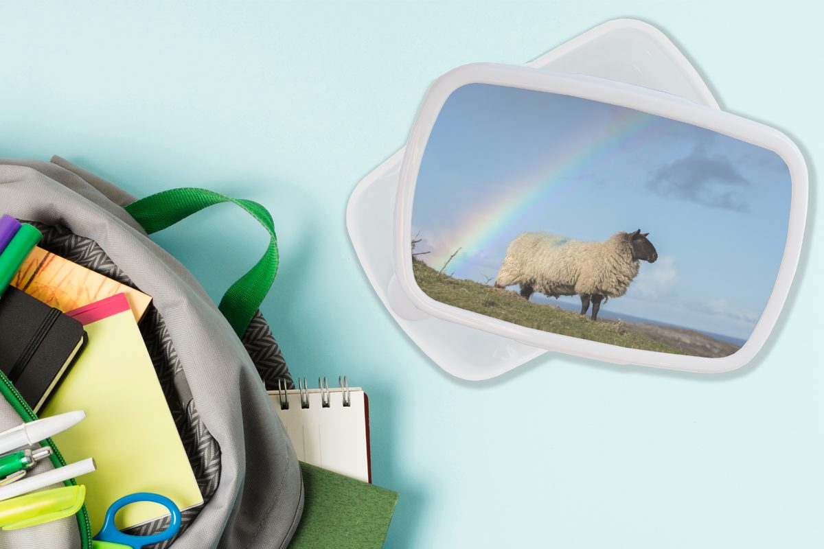 Brotdose, Kunststoff, weiß (2-tlg), - MuchoWow Mädchen Schaf Regenbogen, für Lunchbox - Brotbox und Erwachsene, Kinder und Jungs für Himmel