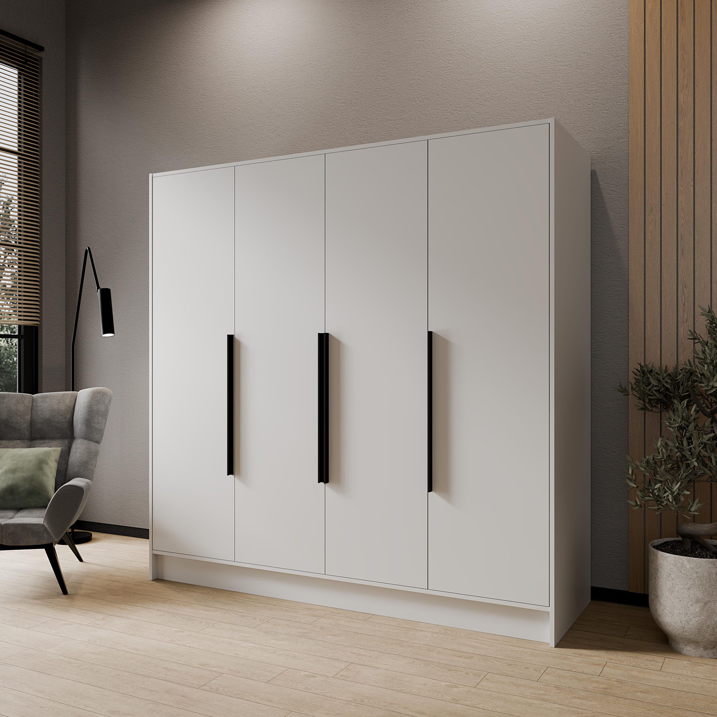 WFL GROUP Kleiderschrank Mono Bis Garderobenschrank für Schlafzimmer im Skandi-Stil (in 3 Größen: 100/150/200 cm Breite, 200 cm Höhe, 51 cm Tiefe) mit Schwarze/Goldene Metallgriffe, Drehtürenschrank mit viel Stauraum