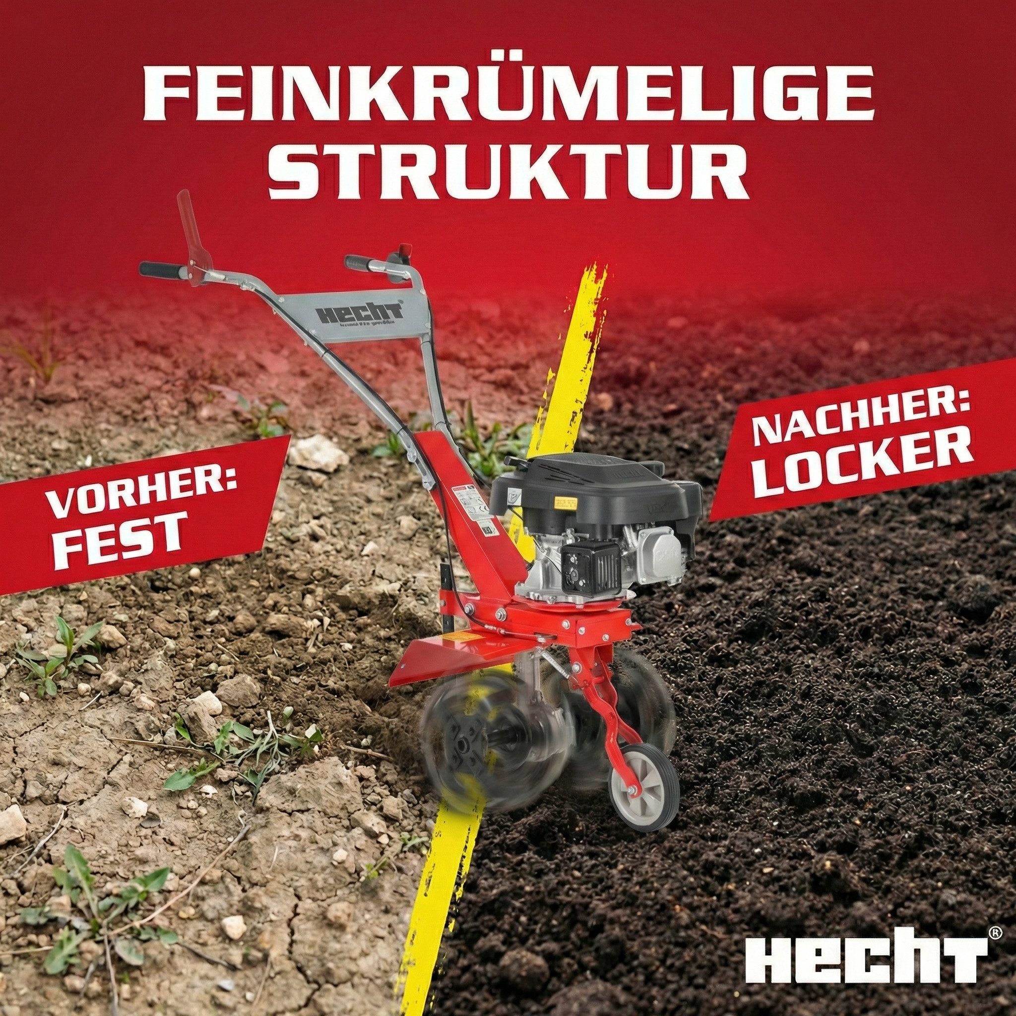 Hecht Gartenhacke Gartenfräse Benzin 761 mit Führungsrad 24 cm Arbeitstiefe, 3,67 PS, 36 cm Arbeitsbreite, 150 cm³, robuste Hackmesser
