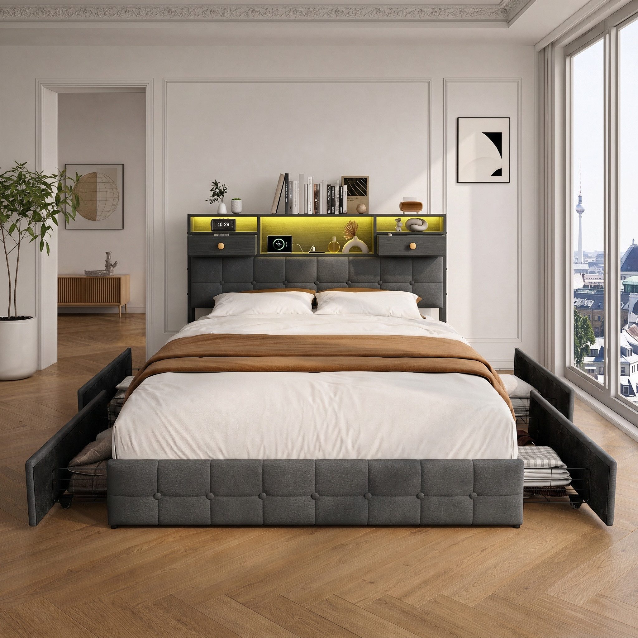 Furnishings Home Polsterbett Doppelbett LED Stauraumbett mit Schubladen (Mit Komforthöhe Lattenrost, Leises Design Bett), Modernes Jugendbett, Leises Design Bett, Max. Belastbarkeit 350 kg