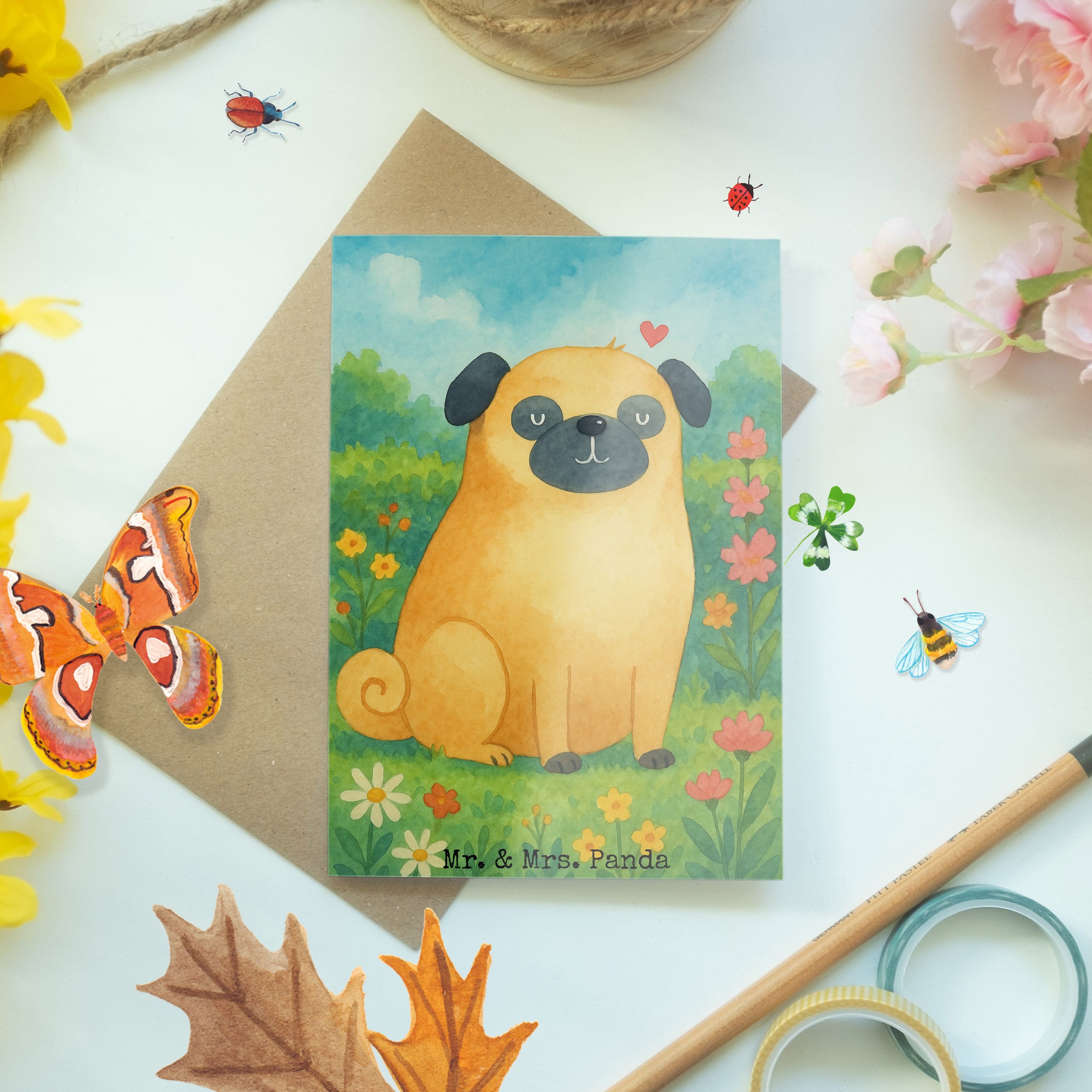 Mr. & Mrs. Panda Grußkarte Mops Design, Grußkarte, Weiß, weihnachtskarten, hochzeitskarten, Lieb