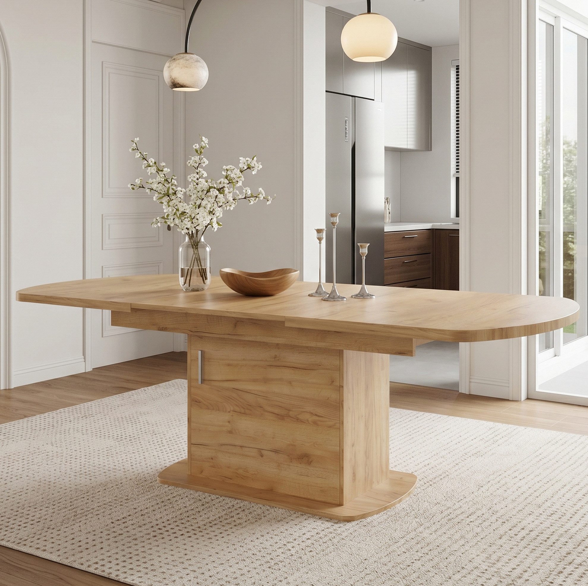 OKWISH Esstisch Ausziehbarer Tisch mit Stauraum & multifunktionalem Design (Packung, 1-St., Weiß+Silber, 140/200×80×75 cm, platzsparend), verstellbare Länge 140–200 cm, Aufbewahrungsschrank