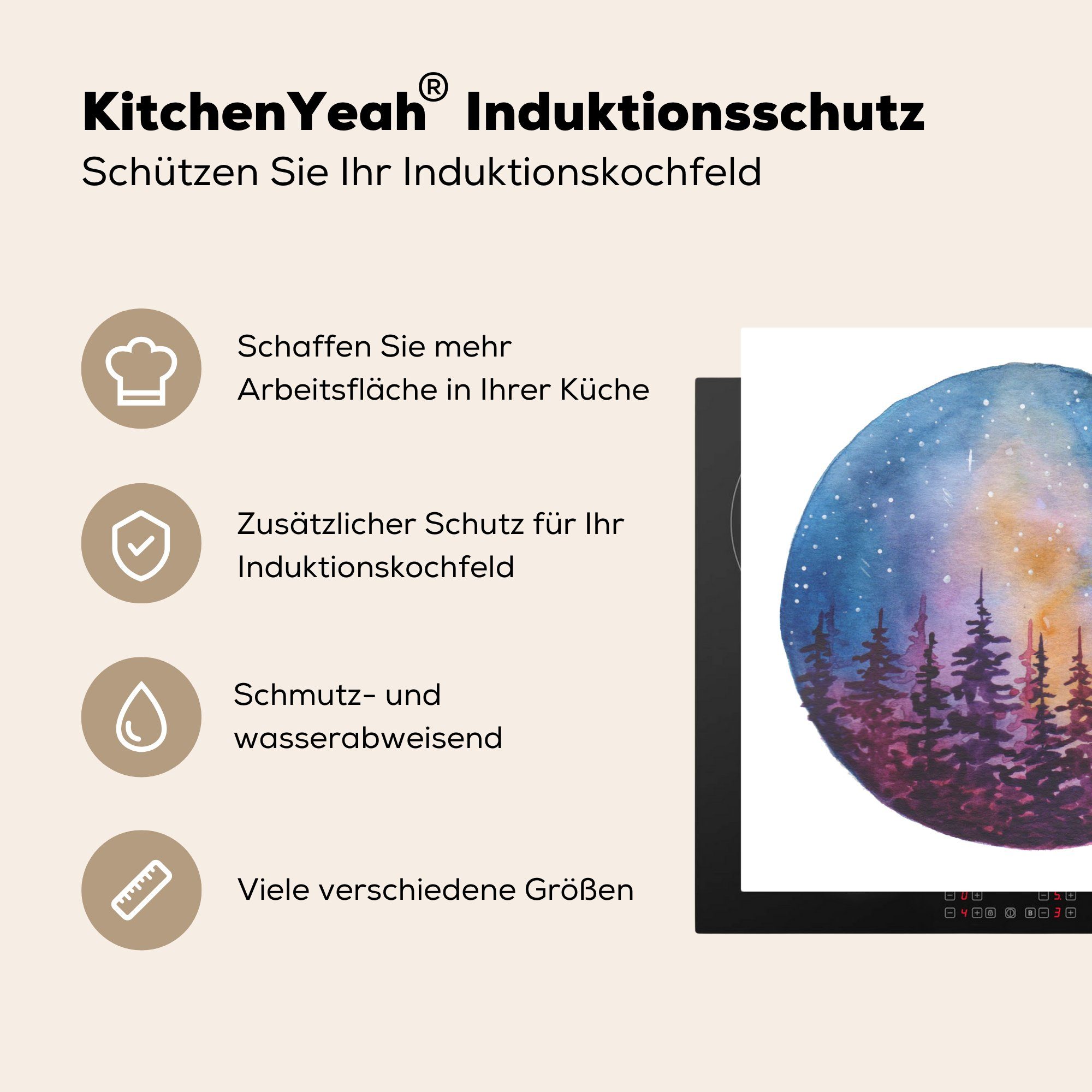 (1 tlg), Vinyl, Herdblende-/Abdeckplatte - Arbeitsplatte Ceranfeldabdeckung, - MuchoWow Sternenhimmel 78x78 Tannenbaum, küche für Aquarell cm,