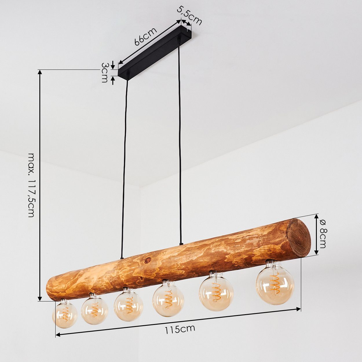 hofstein Pendelleuchte mit Hängeleuchte Leuchtmittel, »Pontinvrea« Holzstab, Schwarz/Natur, Metall/Holz Hängelampe in 6-flammige 6xE27 aus ohne