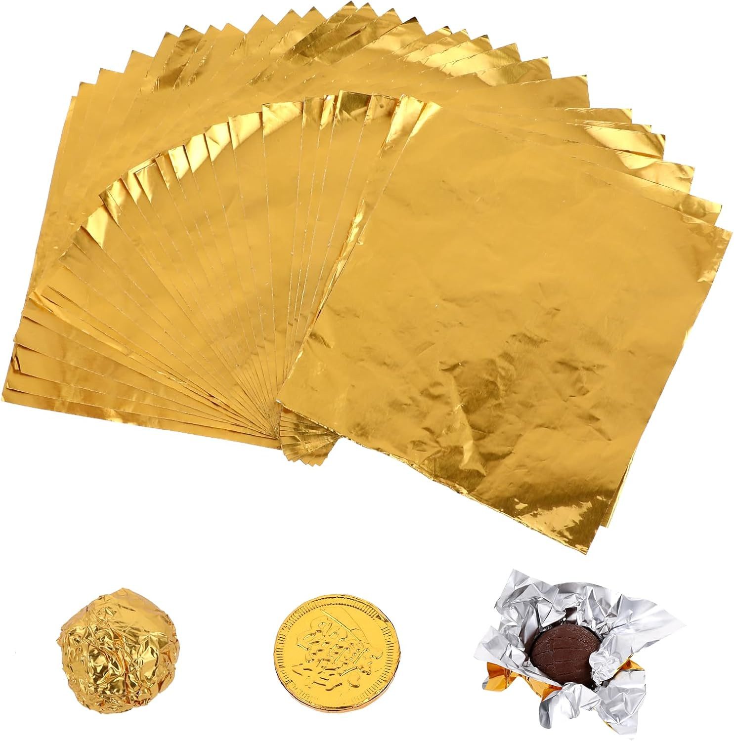 FELIXLEO Packpapier 100 Stück Goldene Alufolie 8x8cm für Schokolade und Bonbons, (1St)