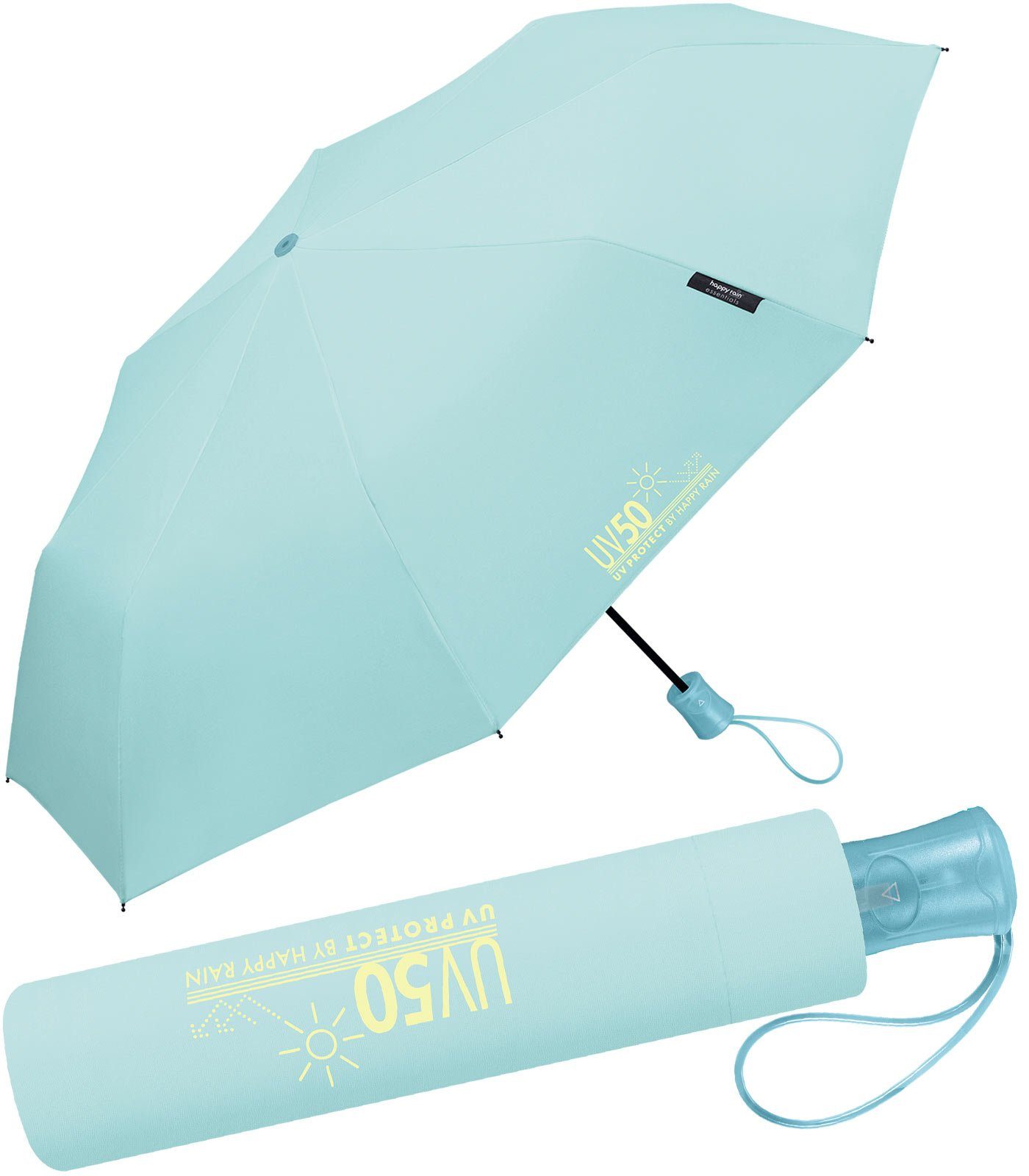 HAPPY RAIN Sonnenschutz, blau Auf-Automatik Sonne und Taschenregenschirm mit UV-Protect vor und Regen UV50 schützt