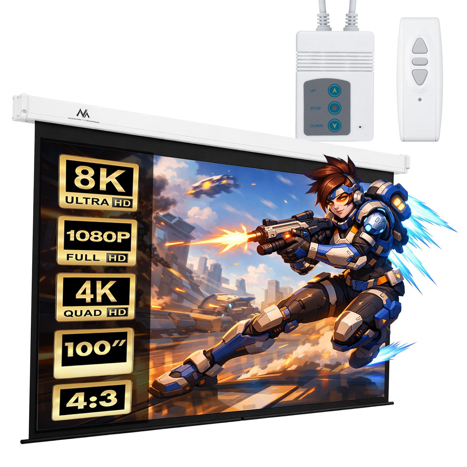 Maclean MC-592 Elektrische Leinwand 100 Zoll (200x150 cm) 4:3 Faltrahmenleinwand (Leinwand für Heimkino, Schule & Konferenzraum)