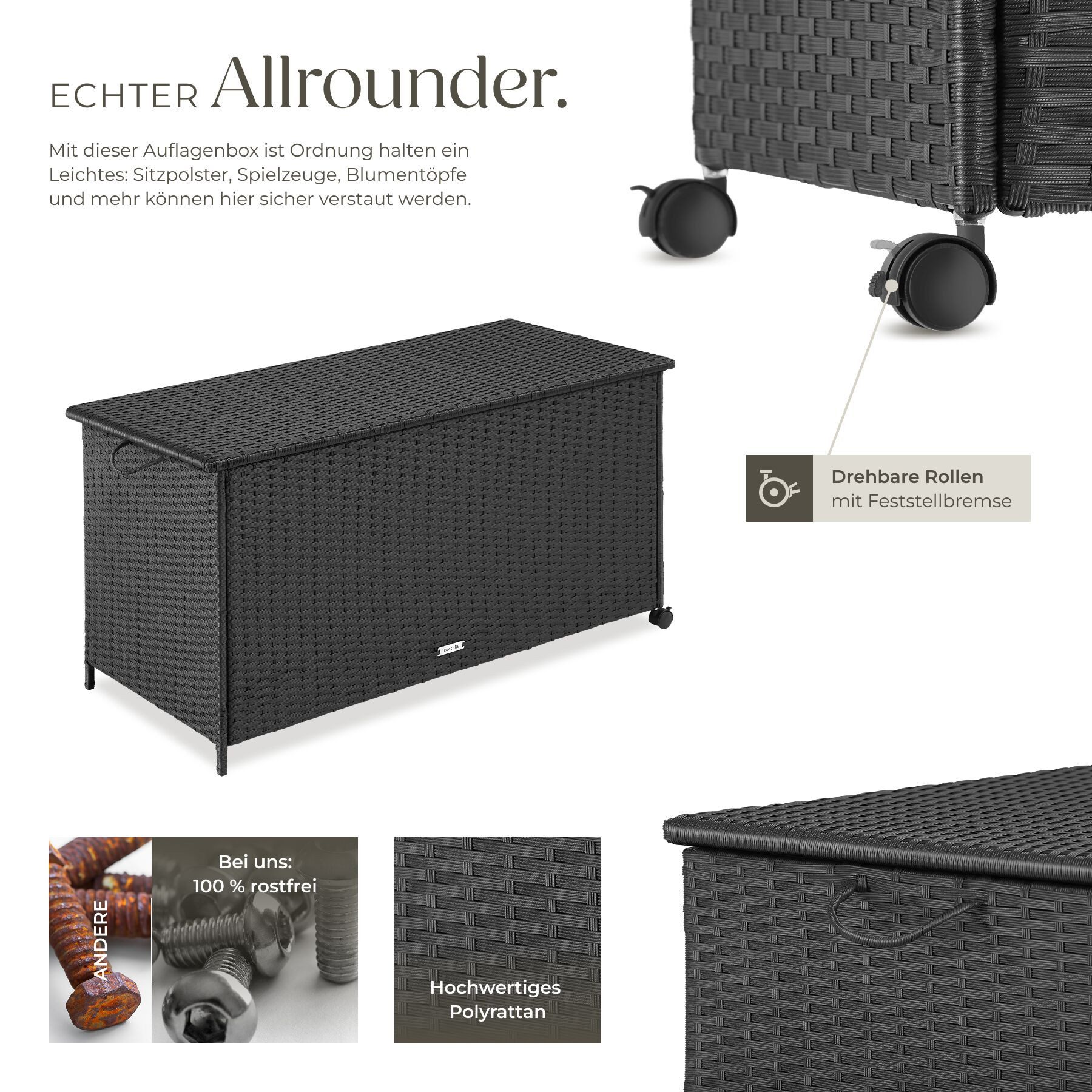 tectake Gartenbox Aluminium Auflagenbox mit Rattangeflecht, 116 x 54 x 64 cm (Kissenbox Kuusamo, in schwarz, 253 L), Griffschlaufe und 2 drehbare Rollen mit Feststellbremse, Hubautomatik