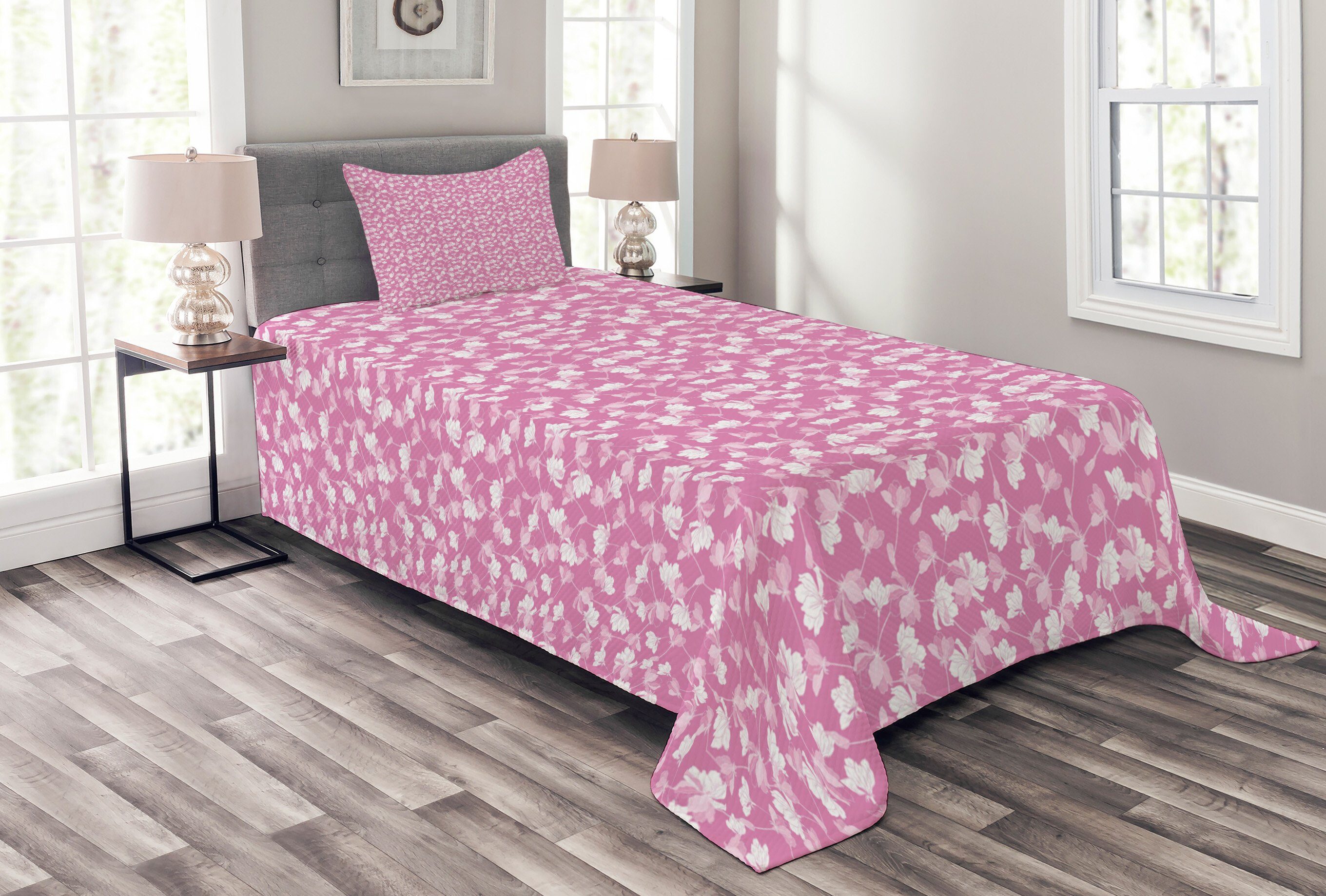 Tagesdecke Waschbar, Weiß und Pink Apple-Blumen-Blüten Set Kissenbezügen mit Abakuhaus,