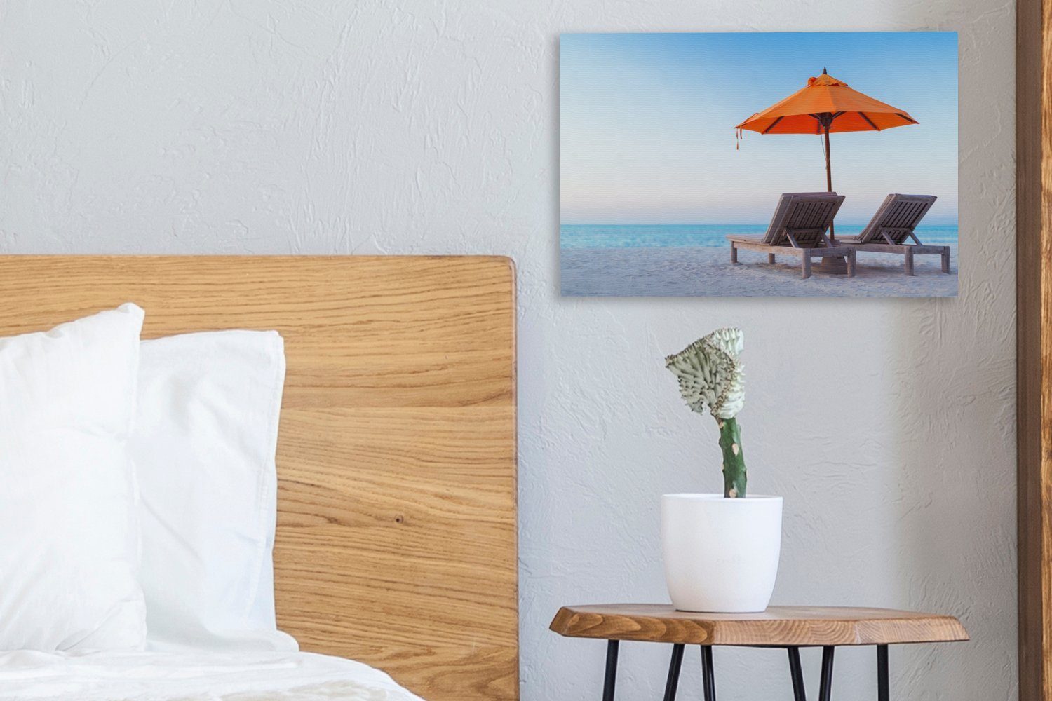 OneMillionCanvasses® Leinwandbild Meer - St), Orange, Wanddeko, cm (1 Wandbild Aufhängefertig, Leinwandbilder, 30x20 - Sonnenschirm