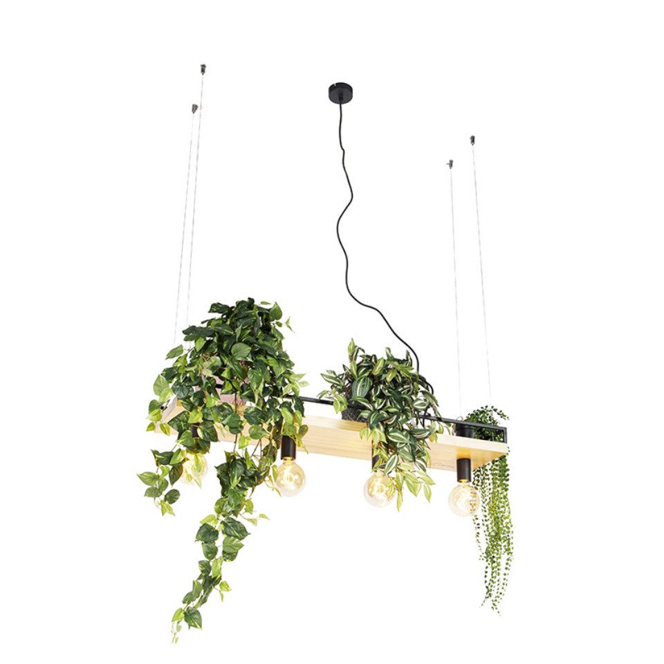 Qazqa Pendelleuchte Shelf, LED wechselbar, E27, Schwarz, Industrie, Holz, 4-flammig