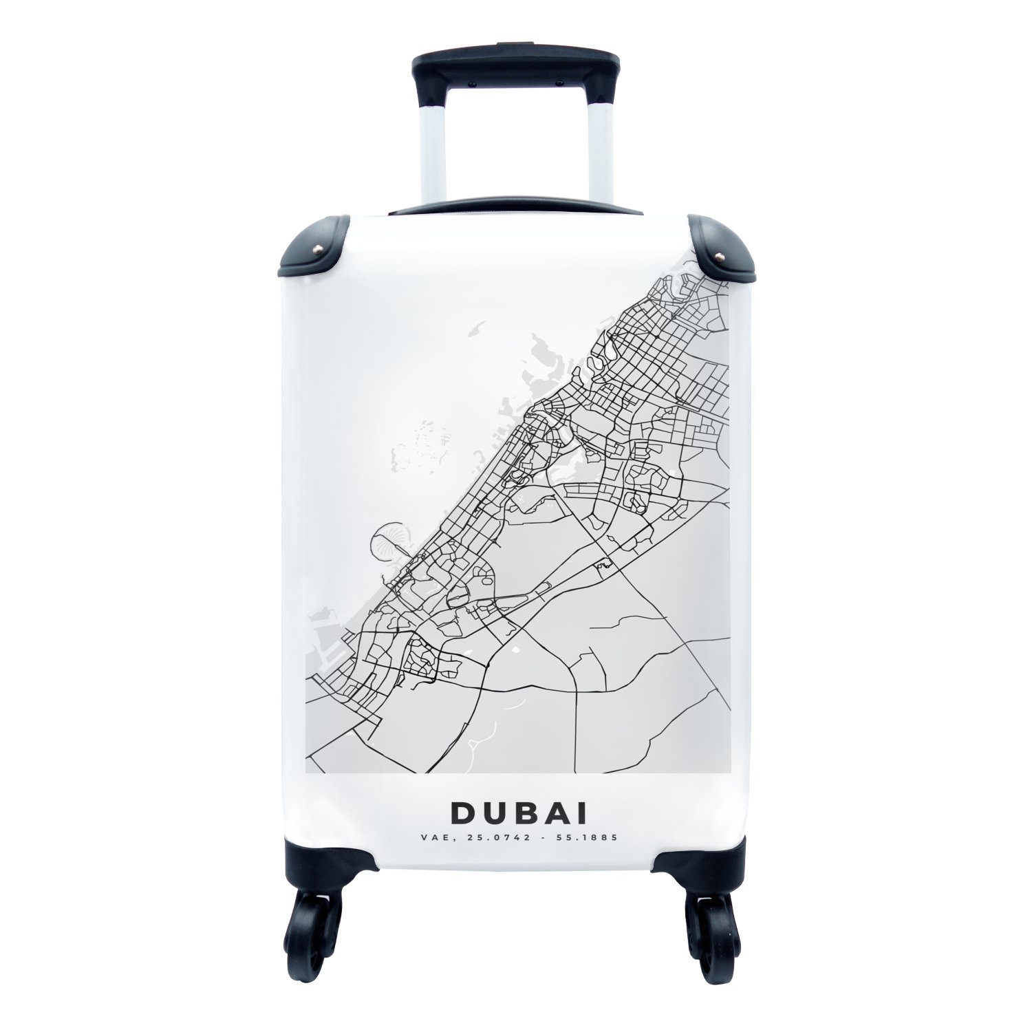 MuchoWow Handgepäckkoffer Dubai - Stadtplan - Schwarz und Weiß - Karte, 4 Rollen, Reisetasche mit rollen, Handgepäck für Ferien, Trolley, Reisekoffer