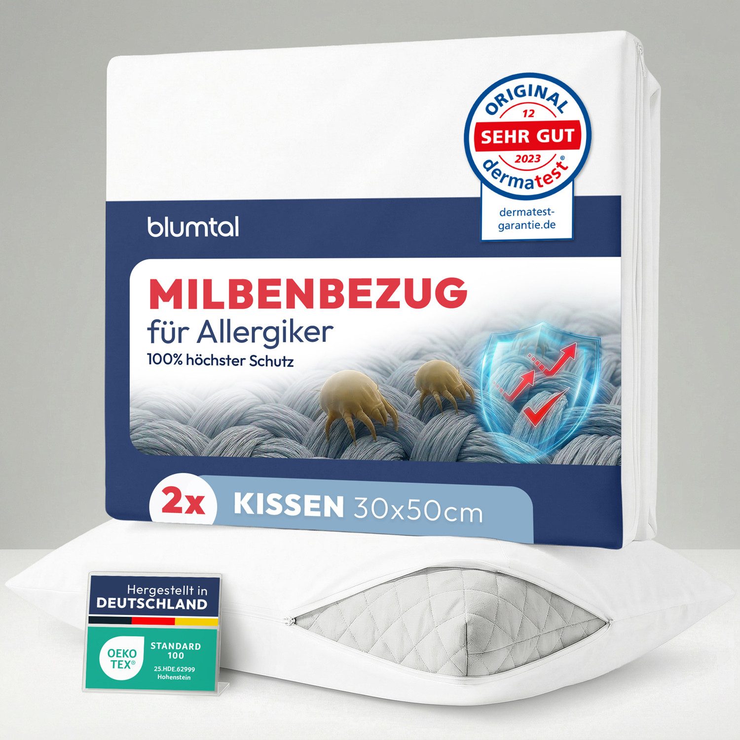 Blumtal Kissenbezug Premium Milbenbezug Kissen. DERMATEST geprüfte Evolon Qualität, (2 Stück), Oeko-TEX zert. & Anti-Milben Kissenbezug