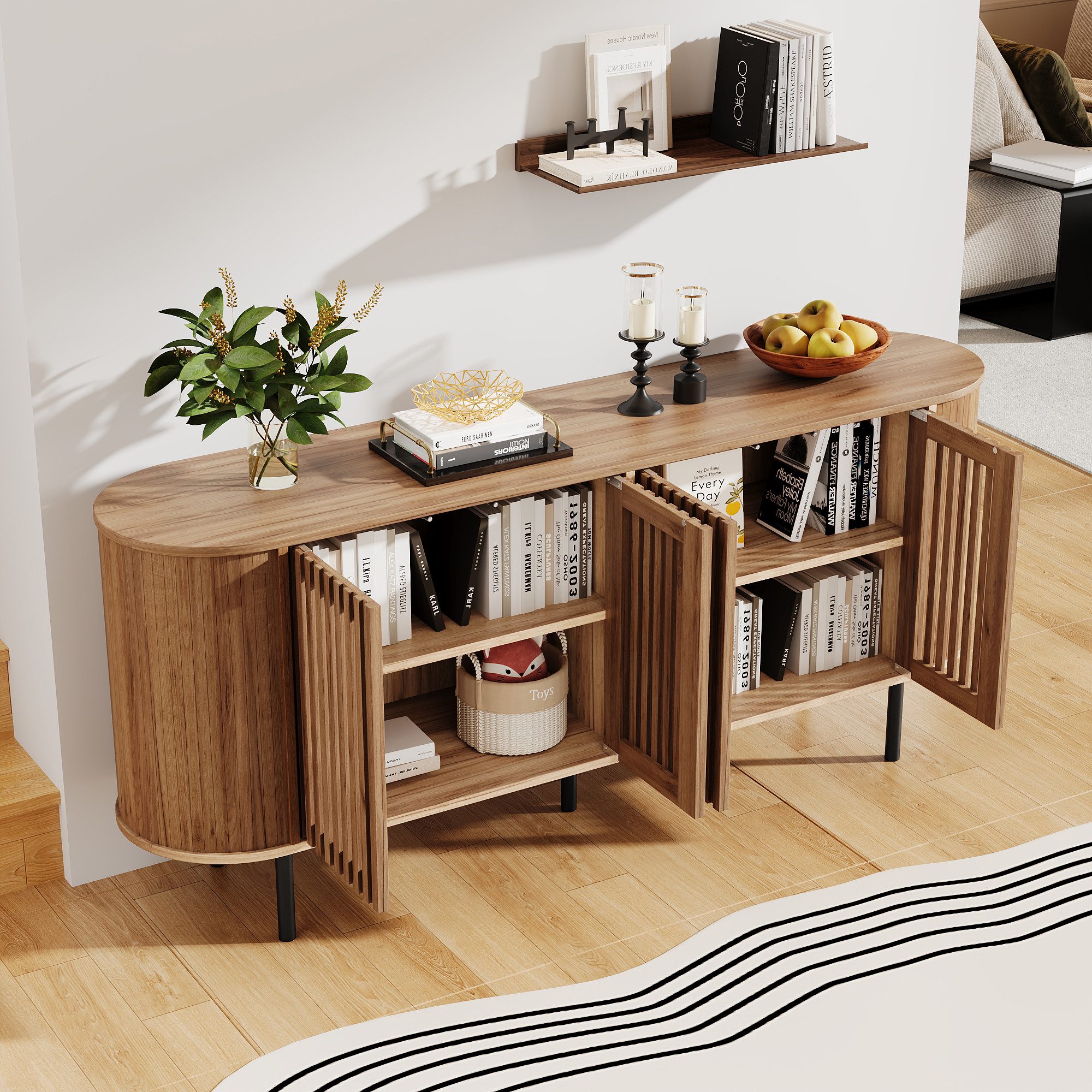 Merax Sideboard mit 4 perforierten Schiebetüren & verstellbaren Einlegeböden (160x40x70cm, 1 St), Kommode Buffet Anrichte Buffetschrank Schrank mit Metallbeinen – Bild 2 von 5