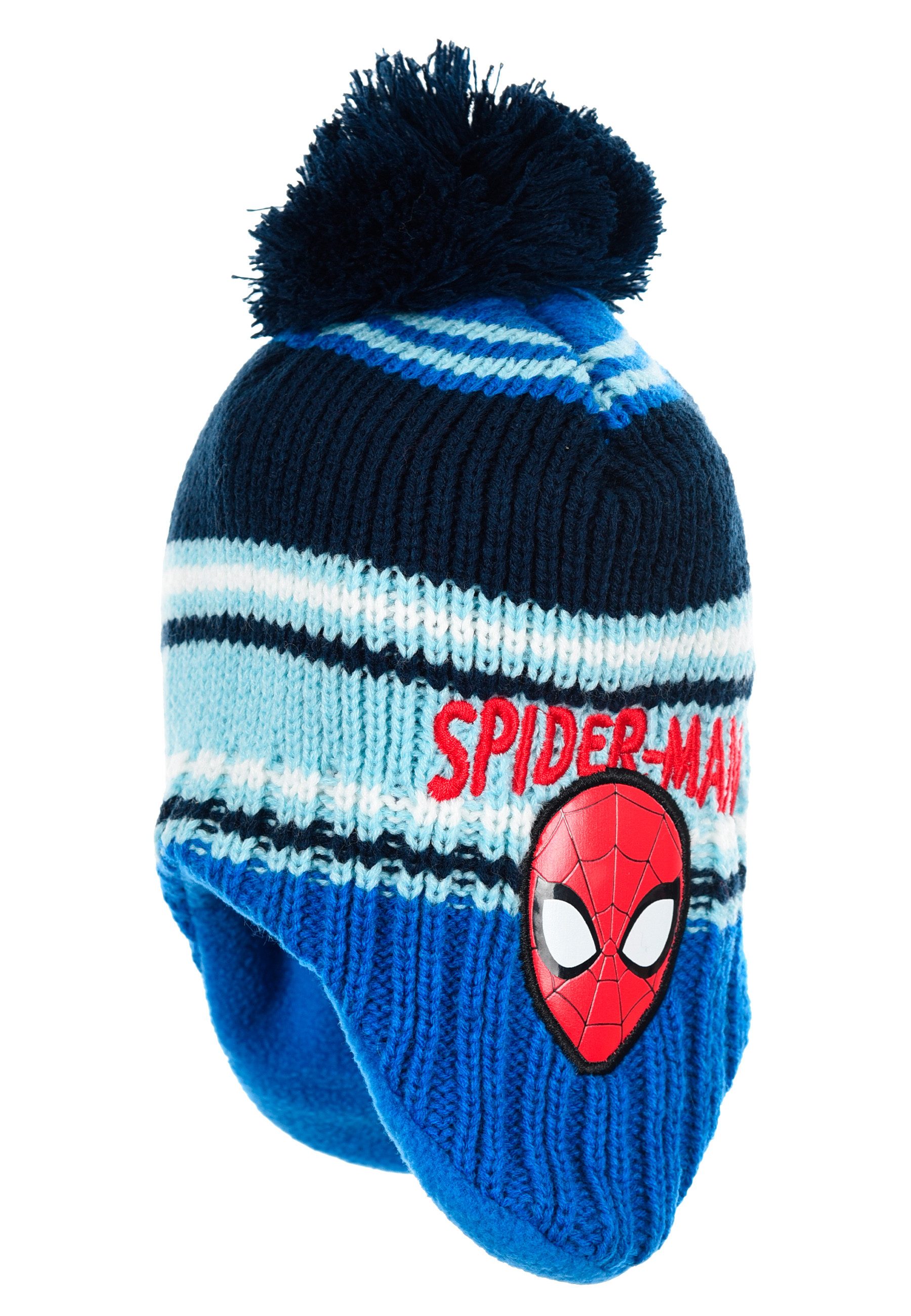 Spiderman Bommelmütze Spider-Man Kinder Wintermütze mit Bommel und Ohrenklappen Blau