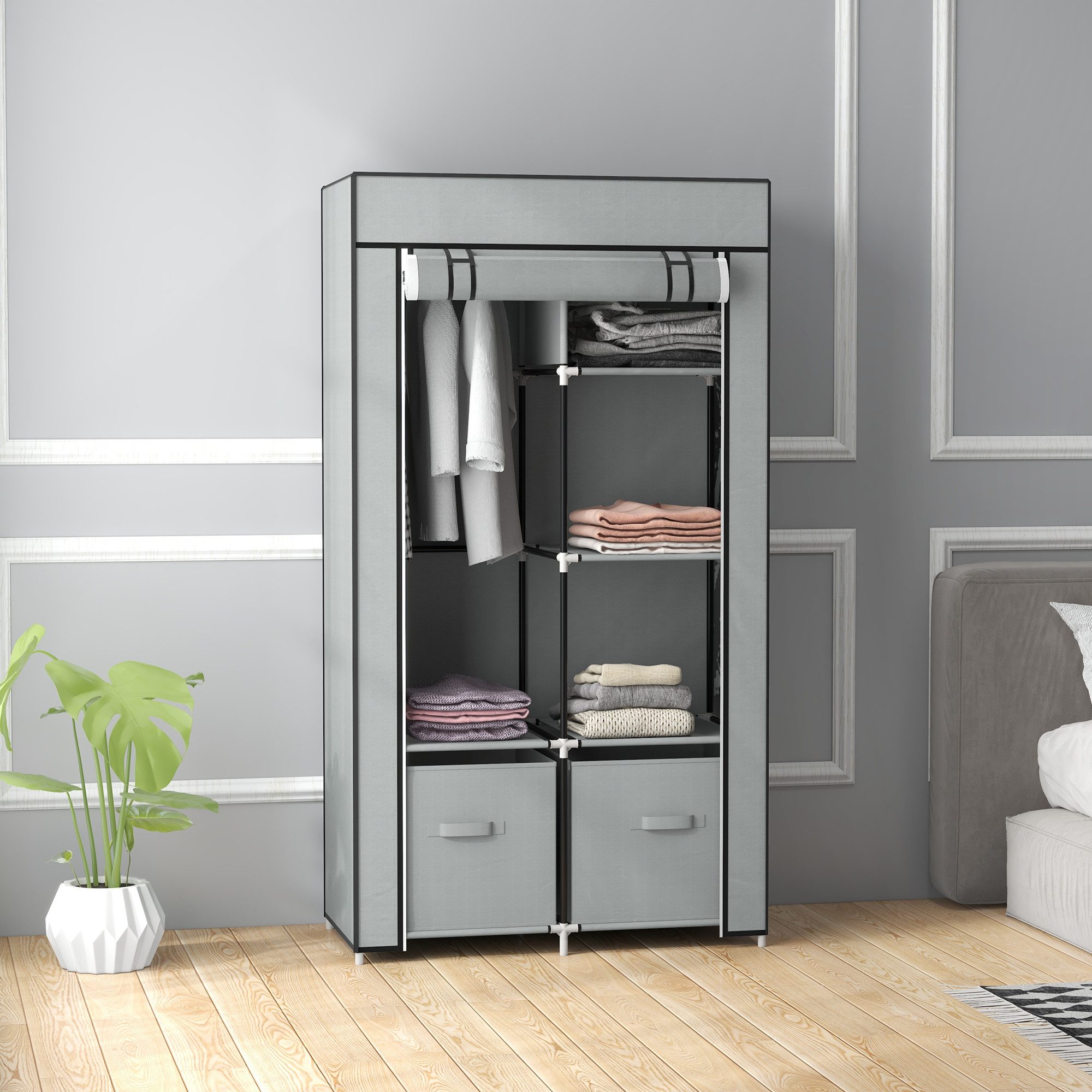HOMCOM Stoffschrank Kleiderschrank, Kleiderstange, Reißverschluss Stoffkleiderschrank (Garderobe, 1-St., Faltschrank) Hellgrau, 83 x 42,5 x 162,5 cm