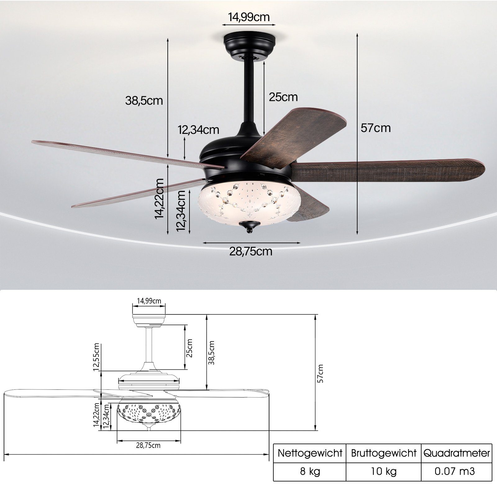 COSTWAY Deckenventilator, Stäben, Fernbedienung 2 3 Windgeschwindigkeiten, Schwarz+Braun