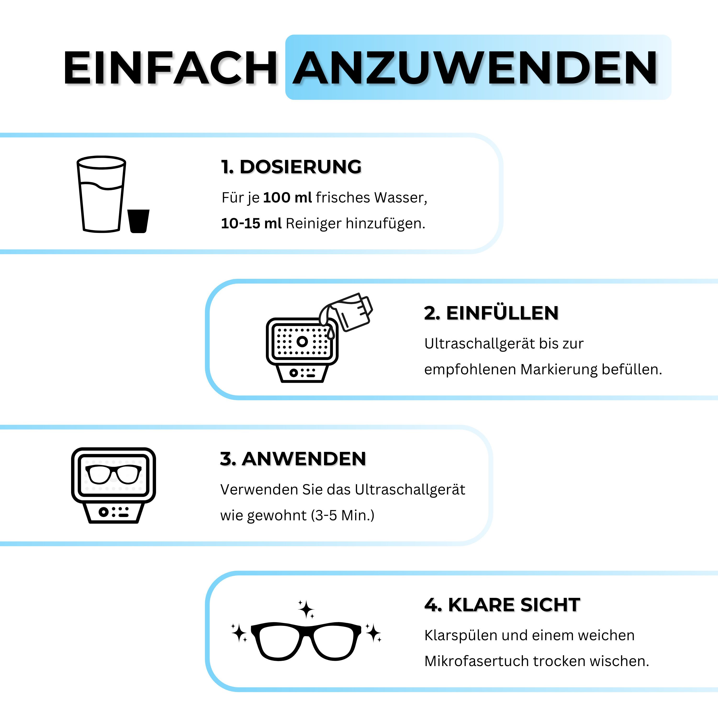 EyeAm Ultraschallreiniger Ultraschallreiniger Konzentrat, Ideal für Brillen, Schmuck, Dental, Inkl. Mikrofasertuch – Bild 4 von 5