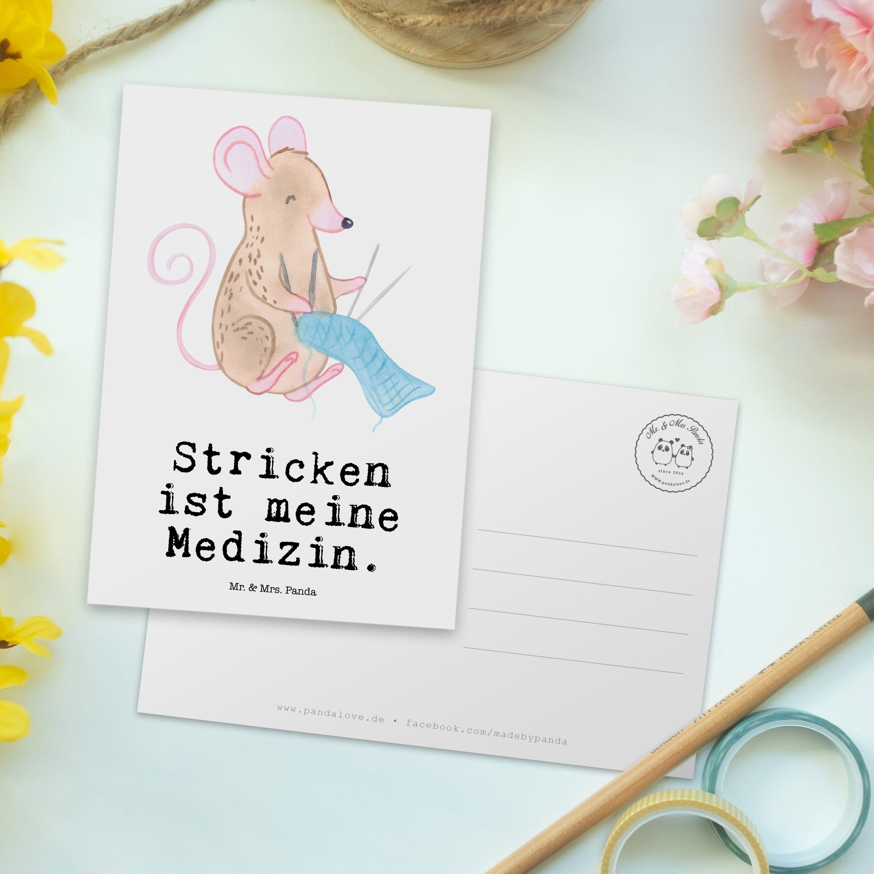 Mr. & Mrs. Panda Postkarte Einladungskarte, Geschenk, Dankeskarte Stricken Maus Medizin Weiß - 
