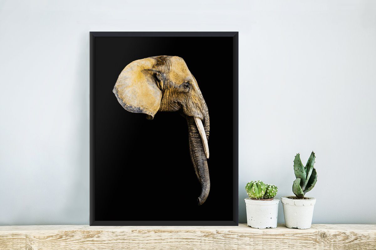 Bilderrahmen Gerahmtes Elefant (1 - St), Bilder, Schwarz, Wanddeko, Wandposter, - Poster, Schwarzem Kopf MuchoWow Poster