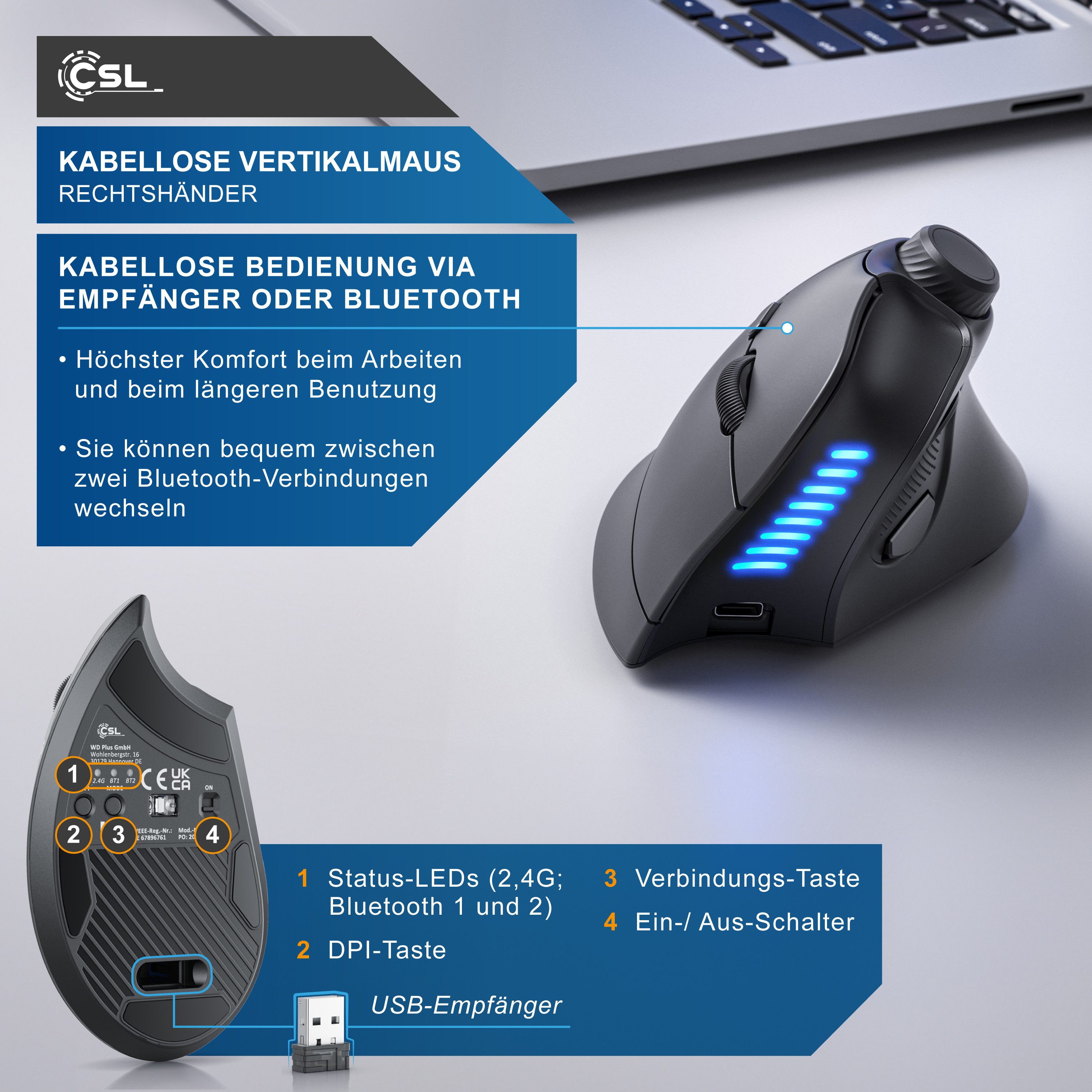 CSL kabellose Vertikalmaus, Wireless 2,4 GHz Funk & Bluetooth 4.0 ergonomische Maus (Bluetooth, Funk, 250 dpi, ergonomisches Design, gegen Mausarm Tennisarm, Multimedia-Drehregler)