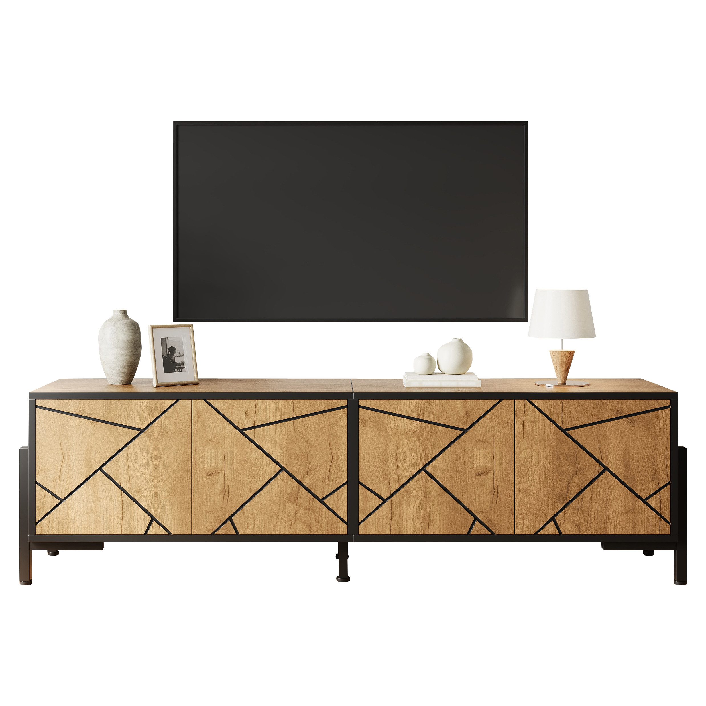 Lowboard 153cm TV-Schrank Naturholz + Schwarz Geometrisches Design für 65 Zoll
