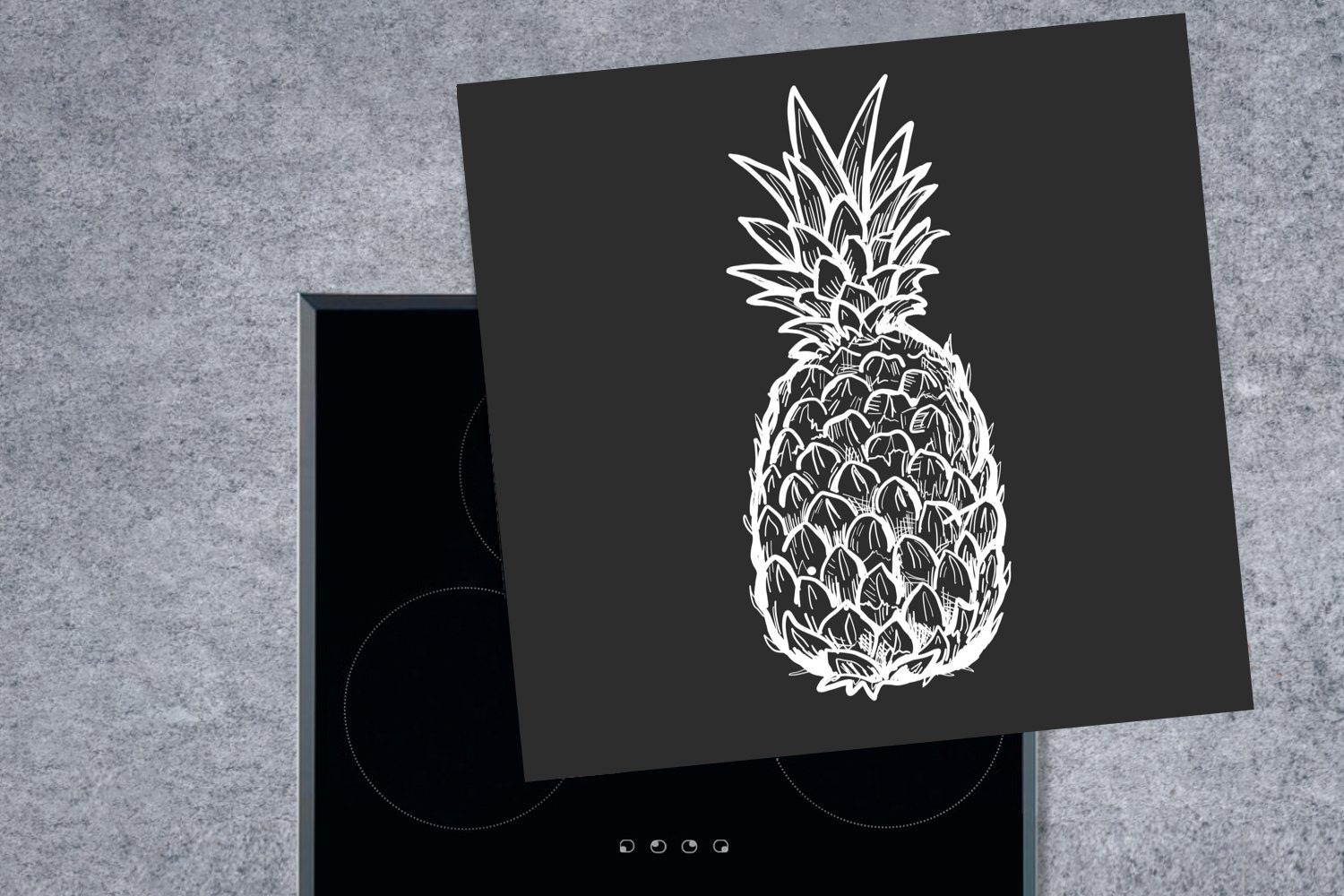 78x78 einer Ceranfeldabdeckung, für tlg), küche Arbeitsplatte MuchoWow Ananas in Illustration und Weiß, (1 Herdblende-/Abdeckplatte Vinyl, cm, Schwarz