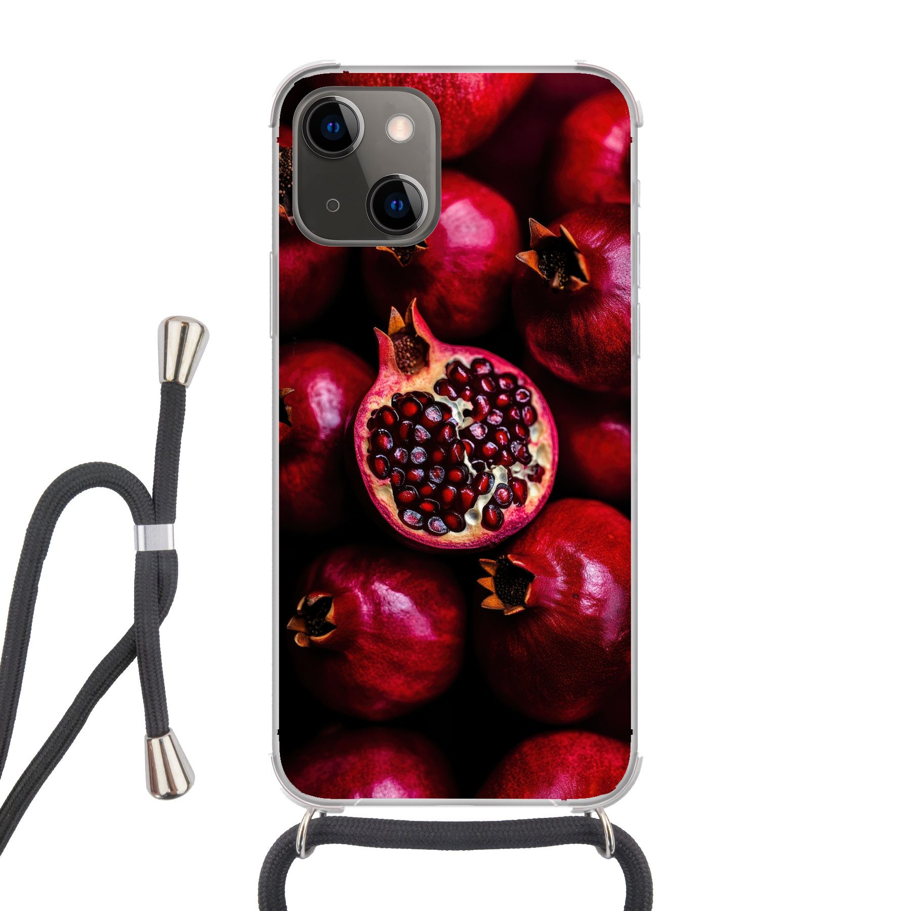 MuchoWow Handyhülle für Apple iPhone 13 Granatapfel - Rot - Obst, Tragbare Handyhüllen mit Kette zum umhängen, Handykette Handyband