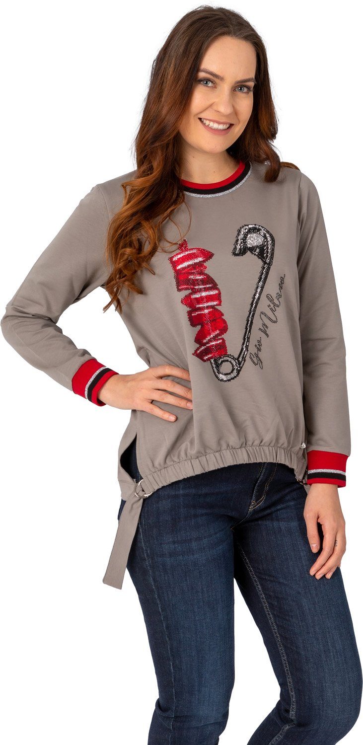 Gio Milano Sweatshirt G25-1102 mit dekorativen Frontprint mit Strassbesatz, und elastischen Bund