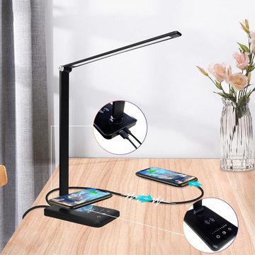 AKKEE LED Schreibtischlampe Dimmbar Tischleuchte mit 10W Wireless Charging, USB Ladefunktion, mit 10 Helligkeits X 5 Farbstufen, Augenschonende, Dimmbar, LED fest integriert, Warmweiß, Schreibtischlampen für Schlafzimmer, Wohnzimmer, Arbeitszimmer