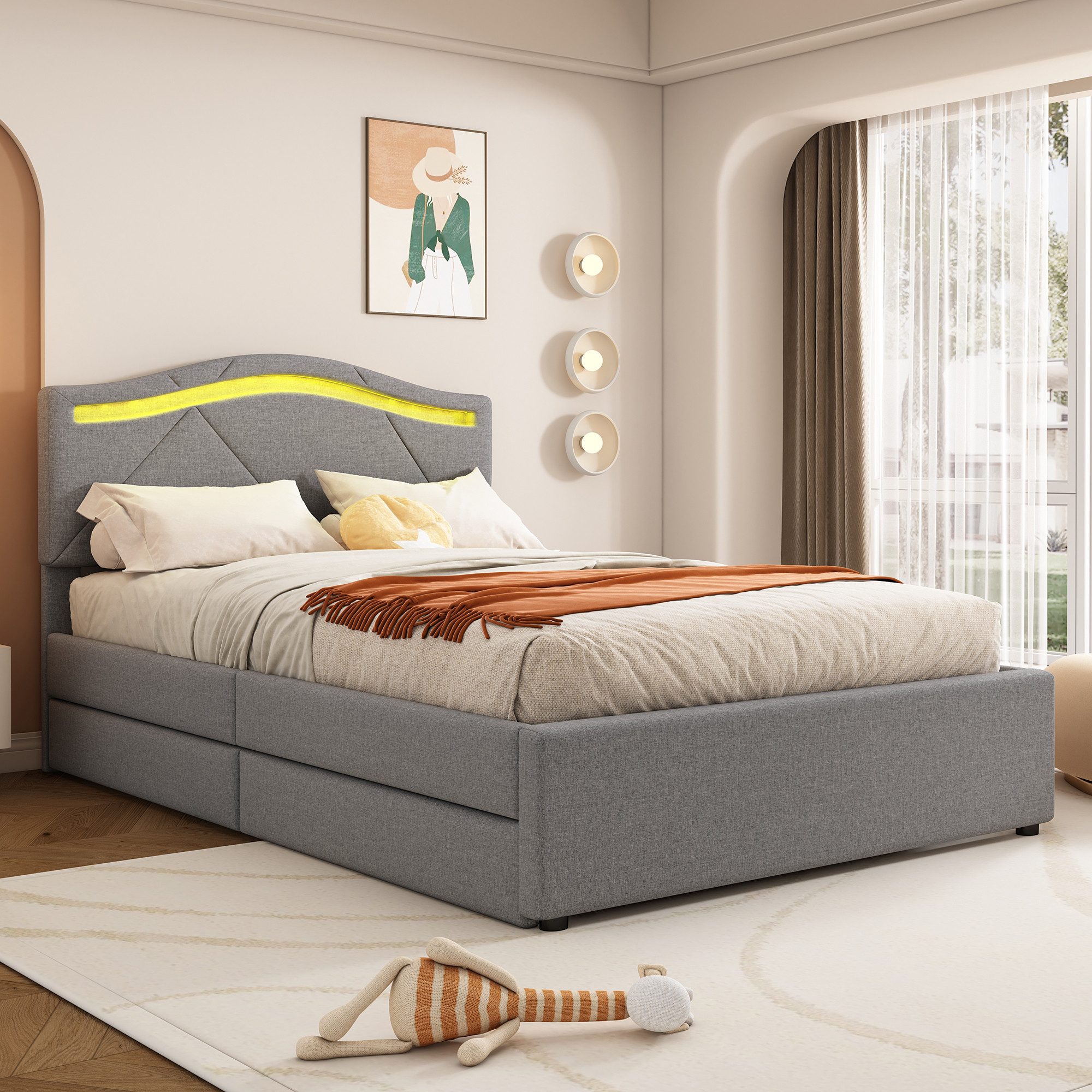 Flieks Polsterbett, LED Einzelbett 90x200cm mit 2 Schubladen und verstellbarem Kopfteil