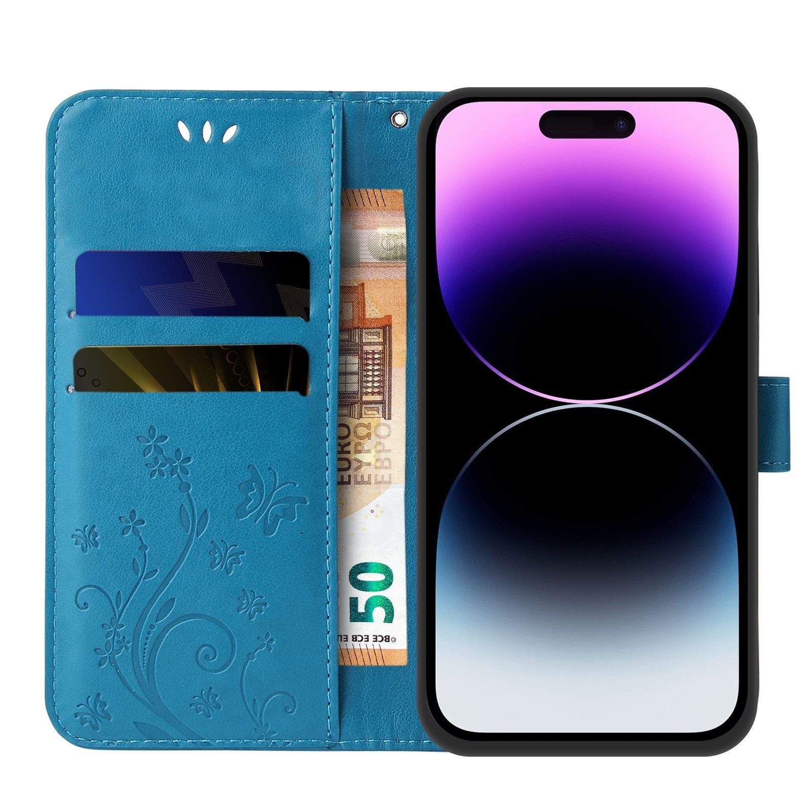 Tec-Expert Handyhülle Cover Tasche Hülle für Apple iPhone 14 Pro 6,1 Zoll, Klapphülle Case mit Kartenfach Fliphülle aufstellbar, Motiv Blumen