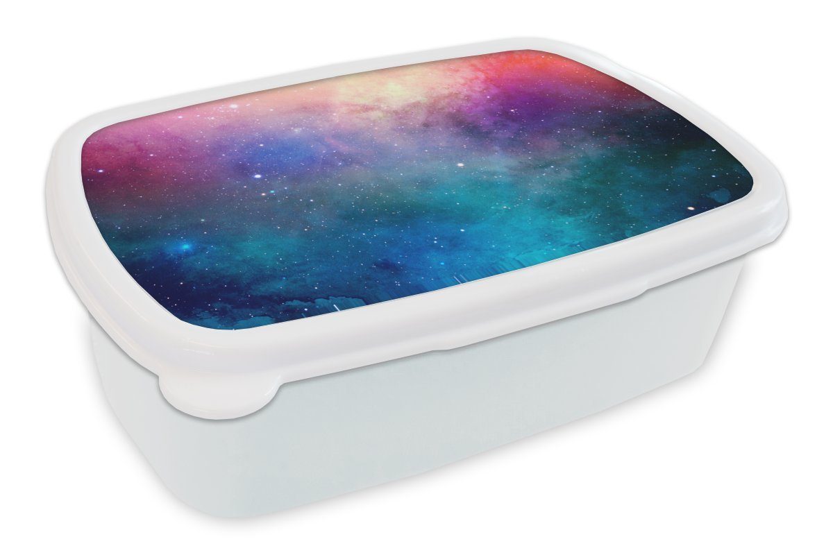 MuchoWow Lunchbox Aquarell - Sternenhimmel - Blau - Rosa, Kunststoff, (2-tlg), Brotbox für Kinder und Erwachsene, Brotdose, für Jungs und Mädchen weiß