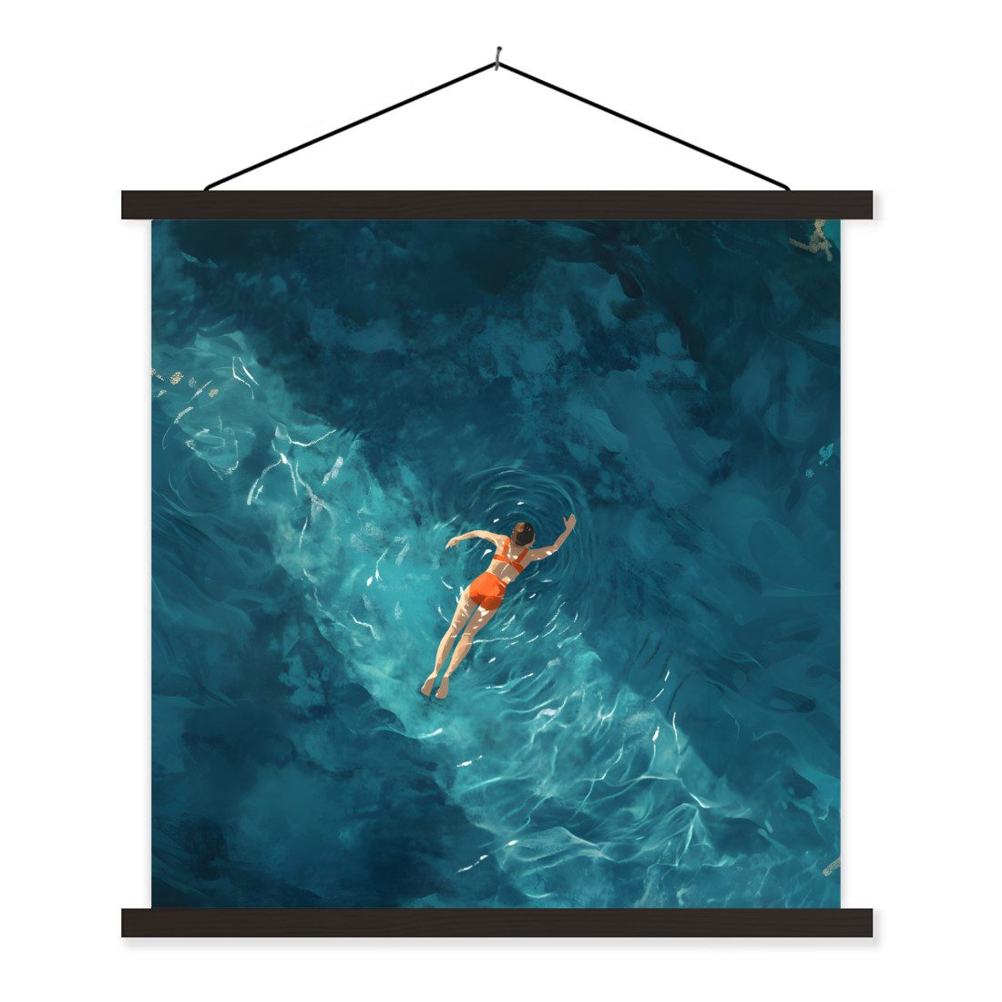 MuchoWow Poster Frau - Wasser - Bikini - Orange, (1 St), Magnetische Posterleiste, Holzleisten, Textilposter, 40x40 cm