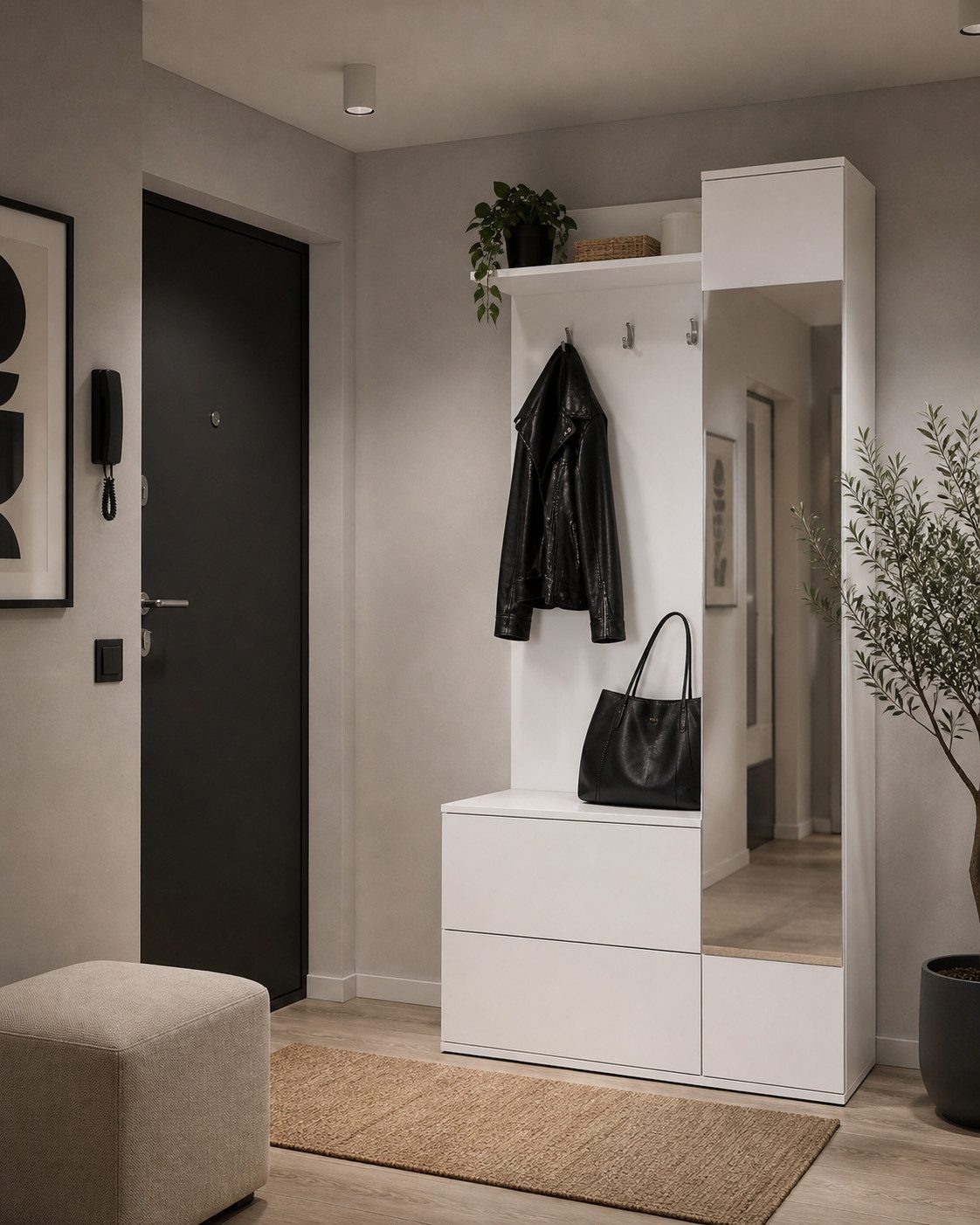 MOEBLO Kompaktgarderobe VERDE (mit Spiegel Flurgarderobe Schrank Garderobe Schuhschrank Platzsparend - nur 34 cm tief, ideal fuer schmale Flure, Dielenschrank Wandschrank Regal Diele & Flur Kleiderschrank) (BxHxT): 90x195x34cm