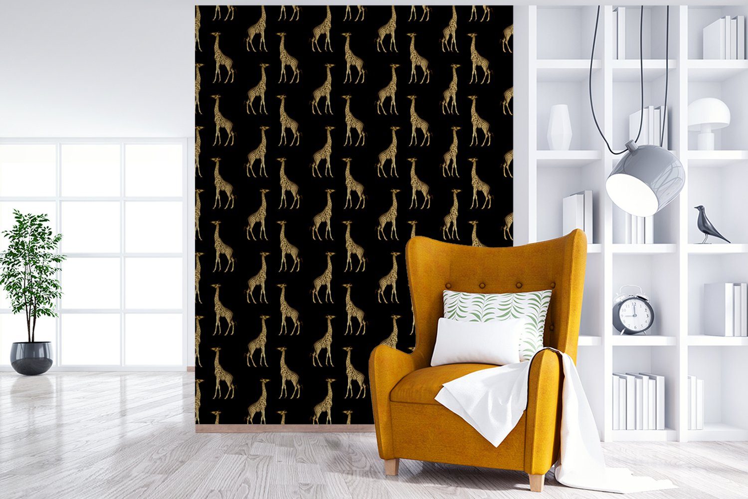 (4 - Matt, St), Montagefertig Fototapete für bedruckt, Tiere Tapete - MuchoWow - Wohnzimmer, Vinyl Muster Gold Wandtapete Giraffe,