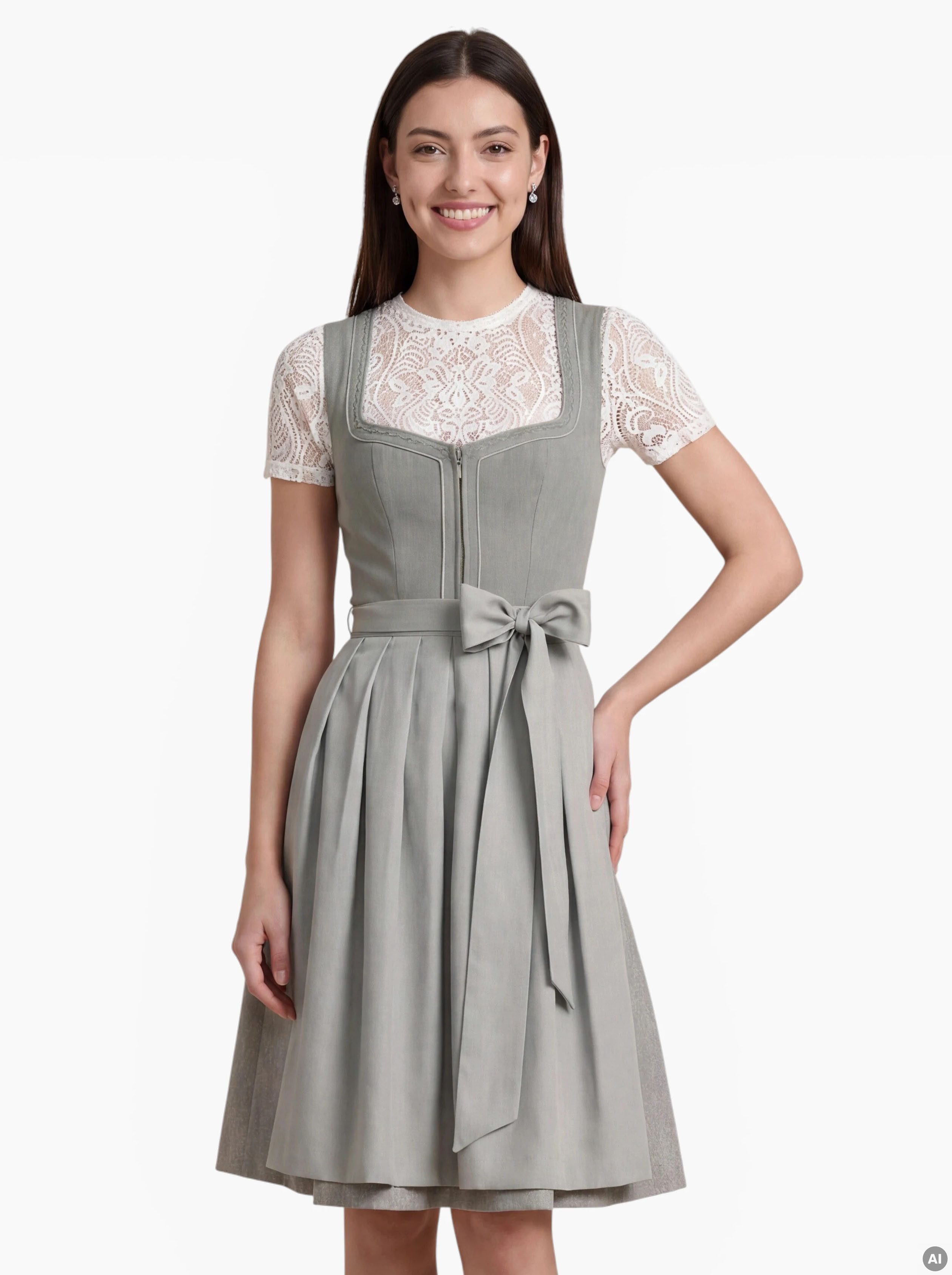 Krüger Madl Dirndl Nele Midi 60cm mit Schürze, Frontreißverschluss, Paspelierung, Faltenrock