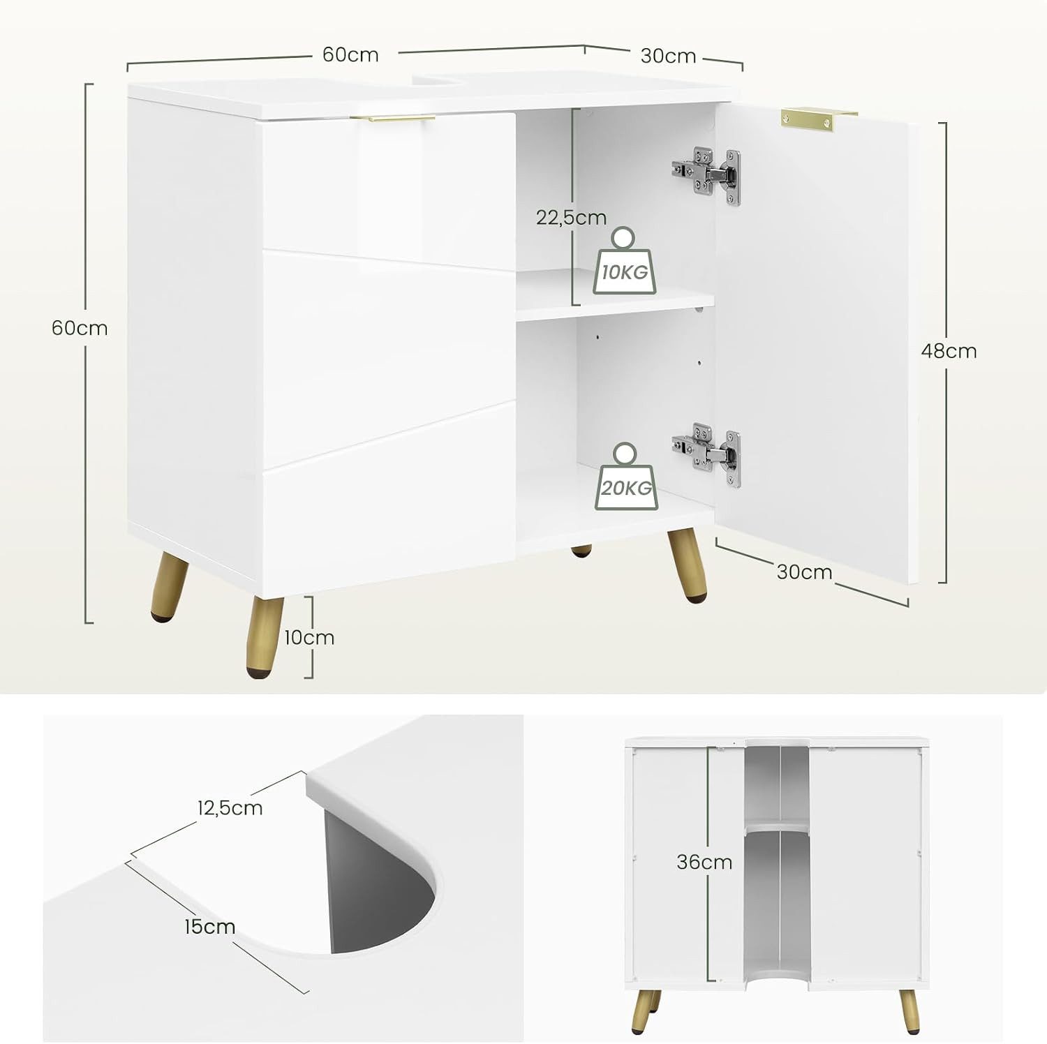EUGAD Waschbeckenunterschrank (1-St) Badezimmerschrank mit 2 Türen, 60x60x30 cm – Bild 3 von 5