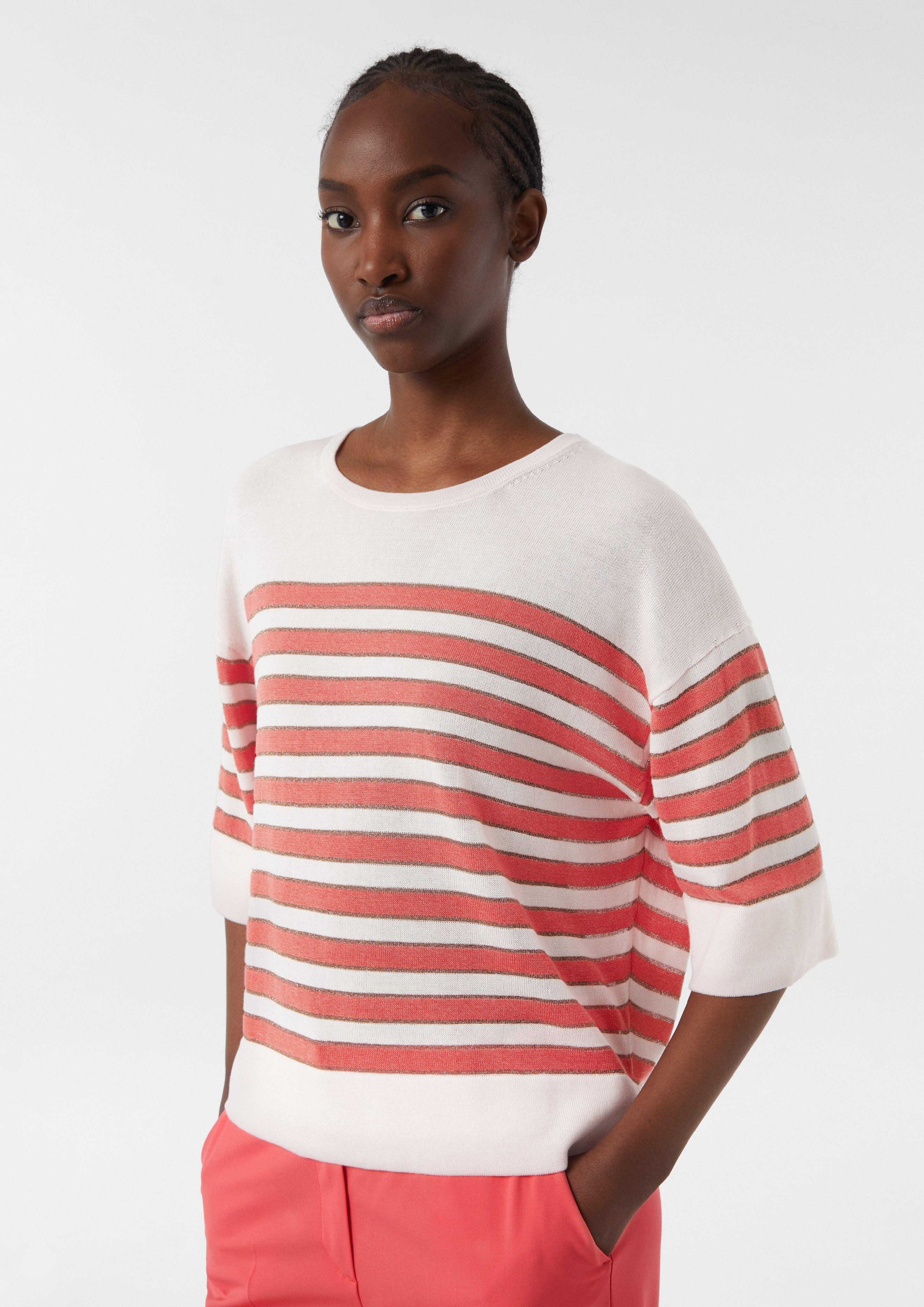 Comma Kurzarmshirt Gestreifter Feinstrickpullover mit Glitzergarn Seitensch günstig online kaufen