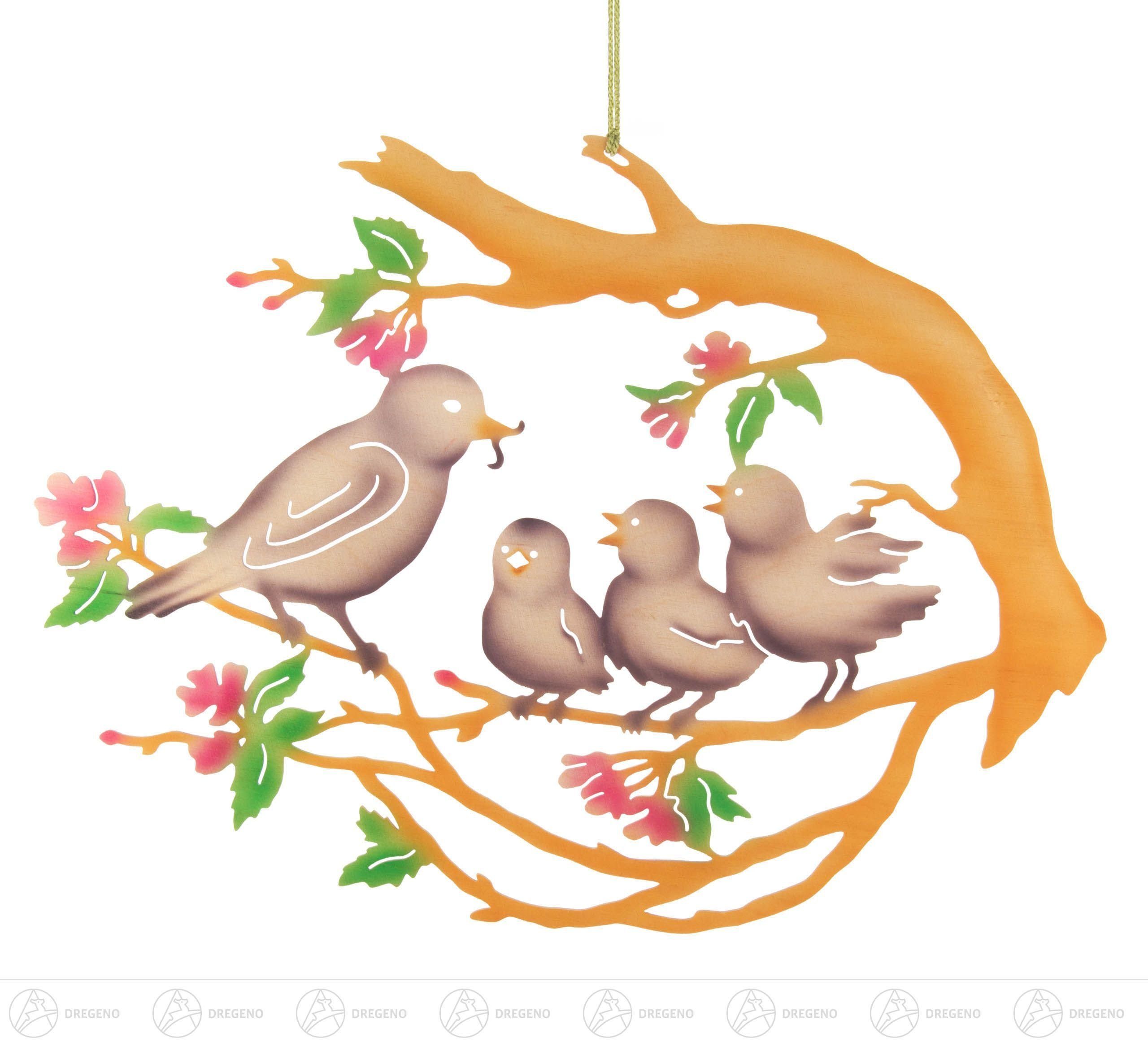 Dregeno Erzgebirge Fensterbild Fensterschmuck Fensterbild Vogelfamilie auf Baum, farbig Breite x