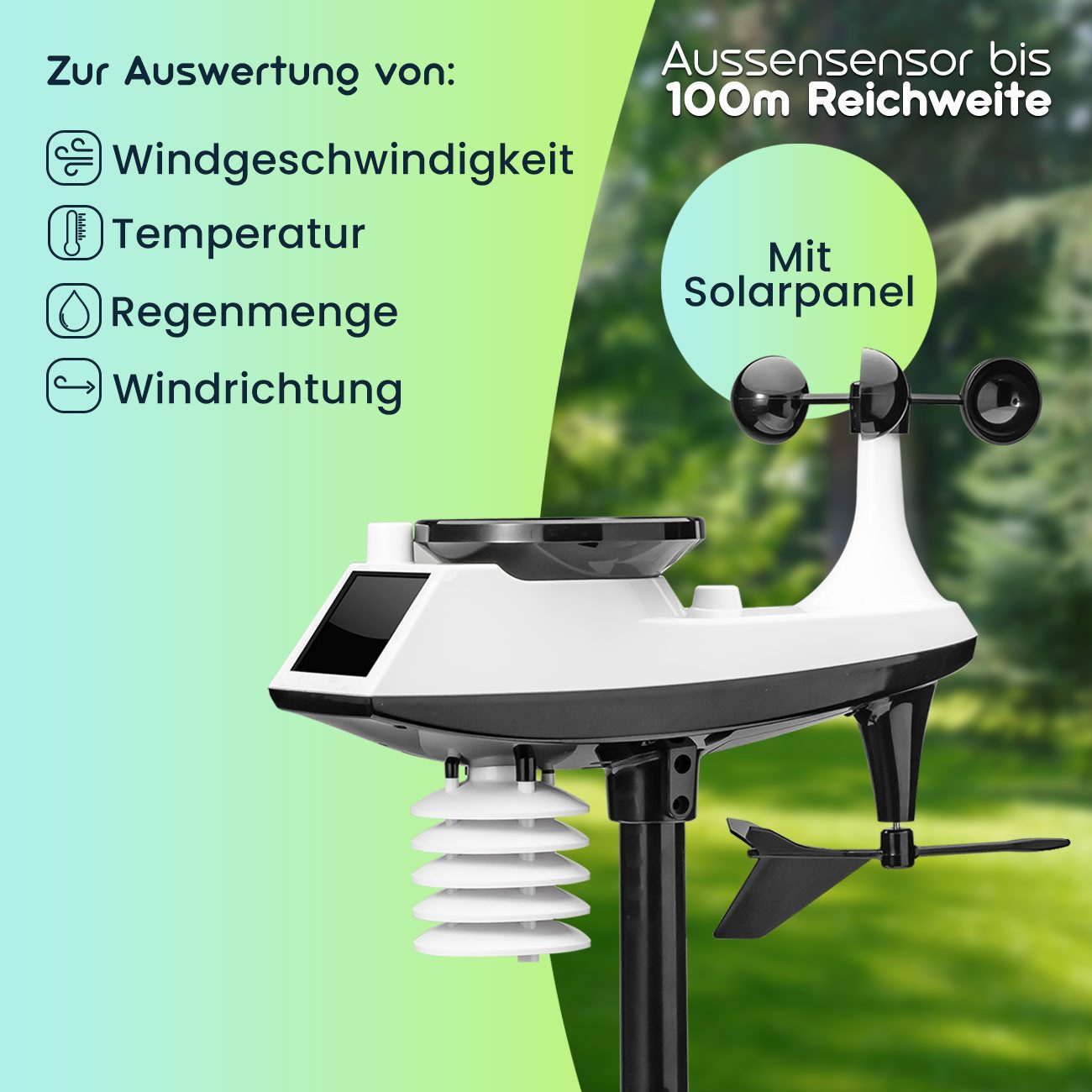 Casativo Premium WLAN Wetterstation m. XL-Farbdisplay, Aussensensor Außenwetterstation (Messung von Temperatur, Regenmenge, Windgeschwindigkeit, Luftdruck)