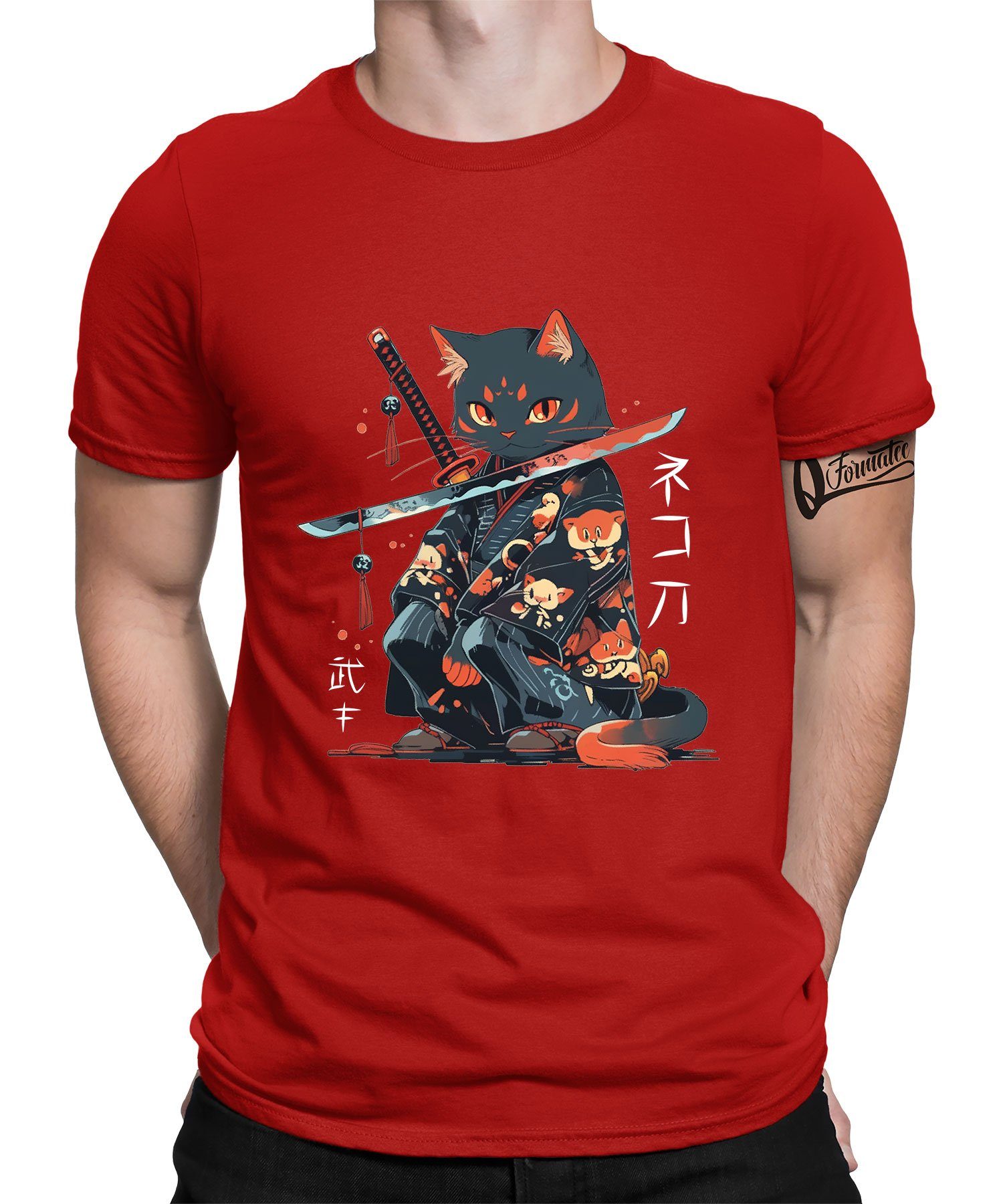 Quattro Formatee Kurzarmshirt Japanese Samurai Ninja Cat Kawaii - Anime Japan Ästhetik Herren T-Shir (1-tlg) Rot