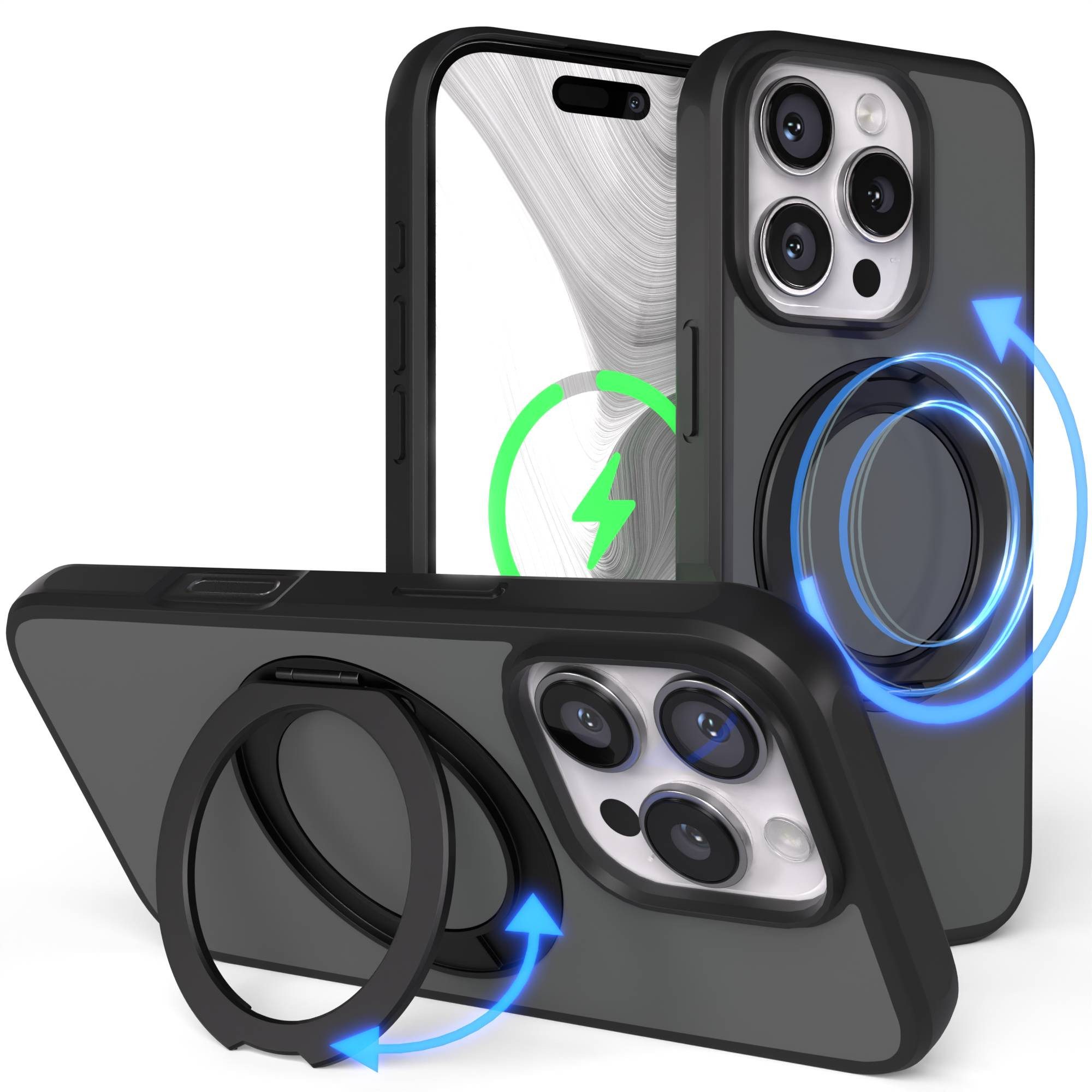 EAZY CASE Handyhülle Outdoor Apple iPhone 16 Pro Case MagSafe Rotation Ring 6,3 Zoll, Outdoor Handy Hülle Bumper Schutzhülle Slim mit Kameraschutz Schwarz