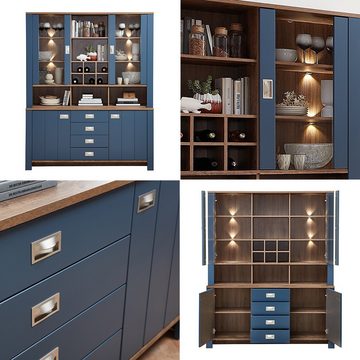 Lomadox Esszimmer-Set DEVON-36, (Spar-Set, 4-St), Landhaus Set in blau mit Eiche Nb., inkl. Buffetschrank + Beleuchtung