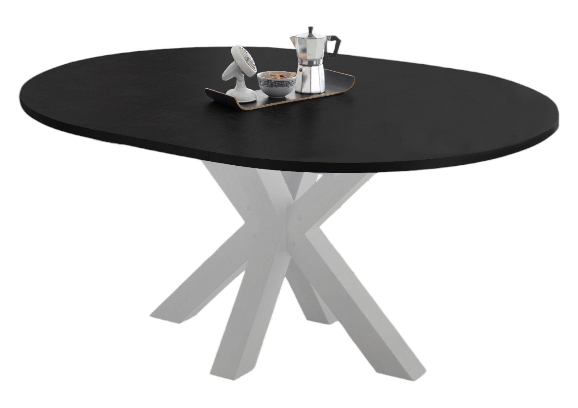 58 aufm Kessel Esstisch Rund ausziehbar Edda 10 Ø 110 cm Küchentisch Weiß Matt/Schwarzstahl (inkl. Lieferung, Esszimmertisch), Esszimmertisch erweiterbar auf 150 cm 4-Fuß Gestell in Sternfom